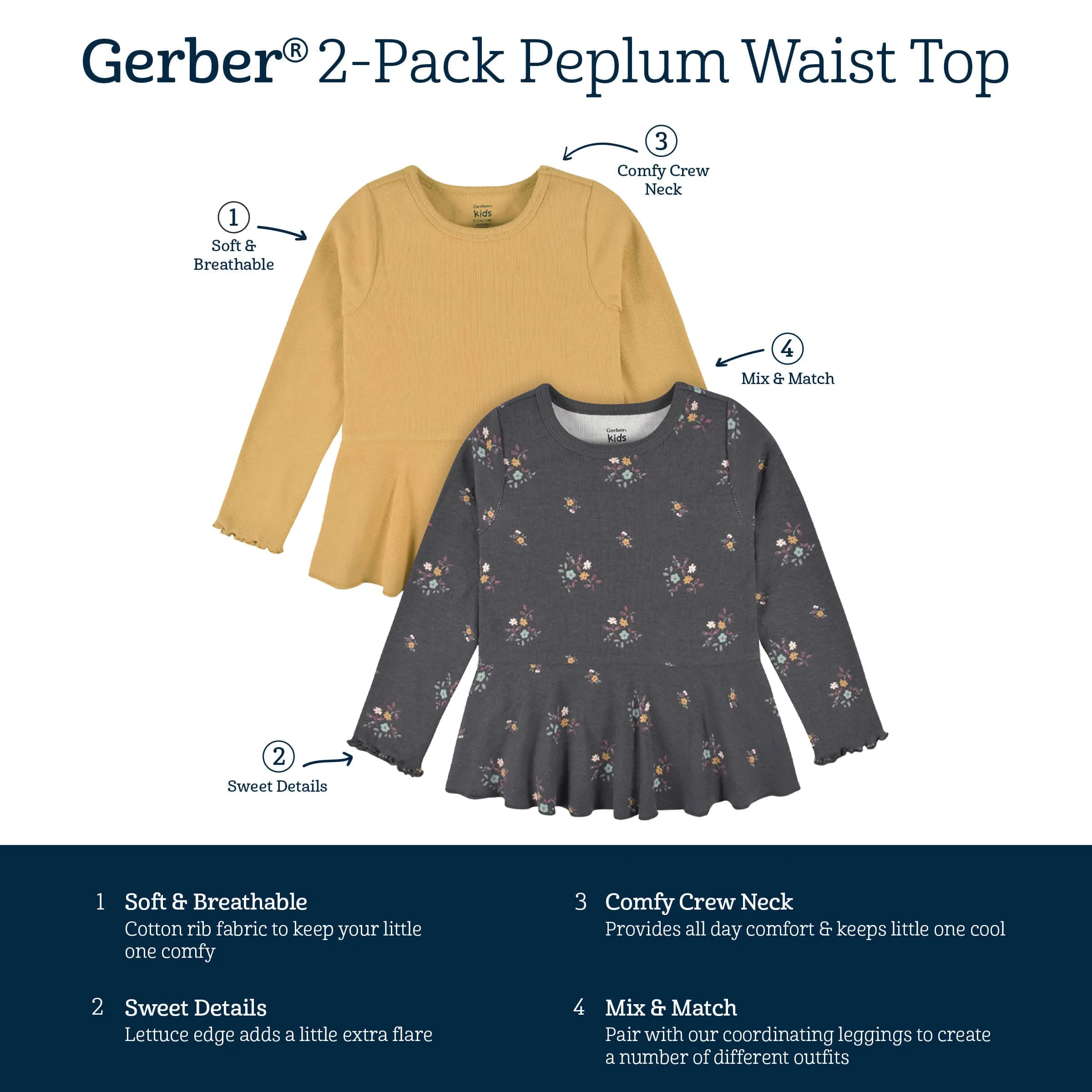 2-Pack Infant & Toddler Girls Mustard & Charcoal Floral Peplum Tops Gerber Childrenswea
