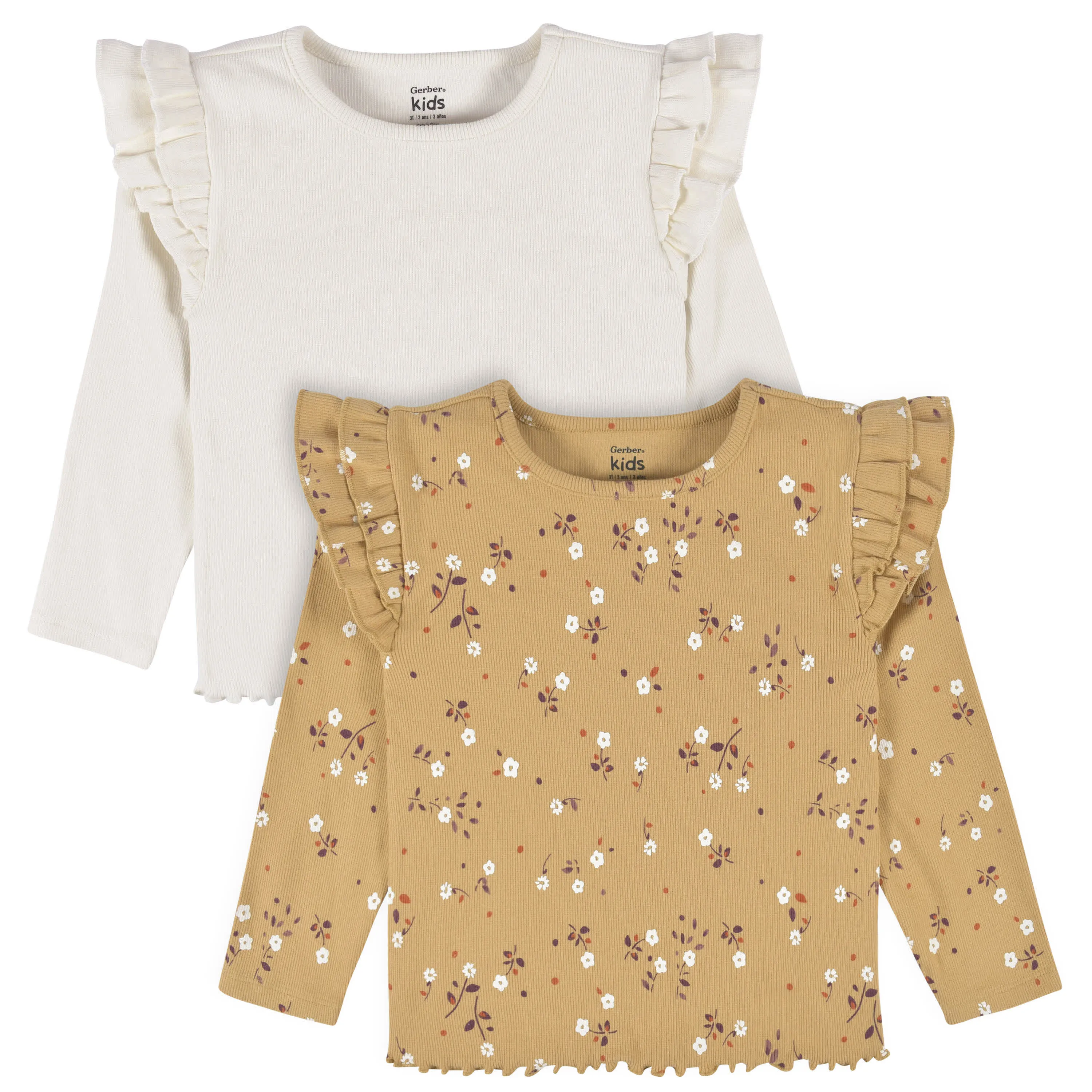 2-Pack Infant & Toddler Girls Mustard Floral Double Ruffle Tops Gerber Childrenswea