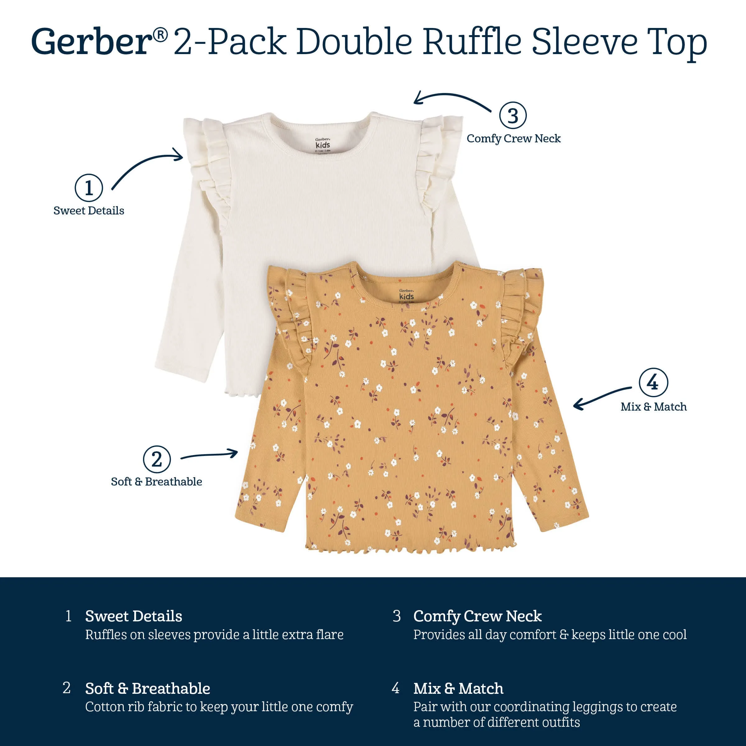 2-Pack Infant & Toddler Girls Mustard Floral Double Ruffle Tops Gerber Childrenswea