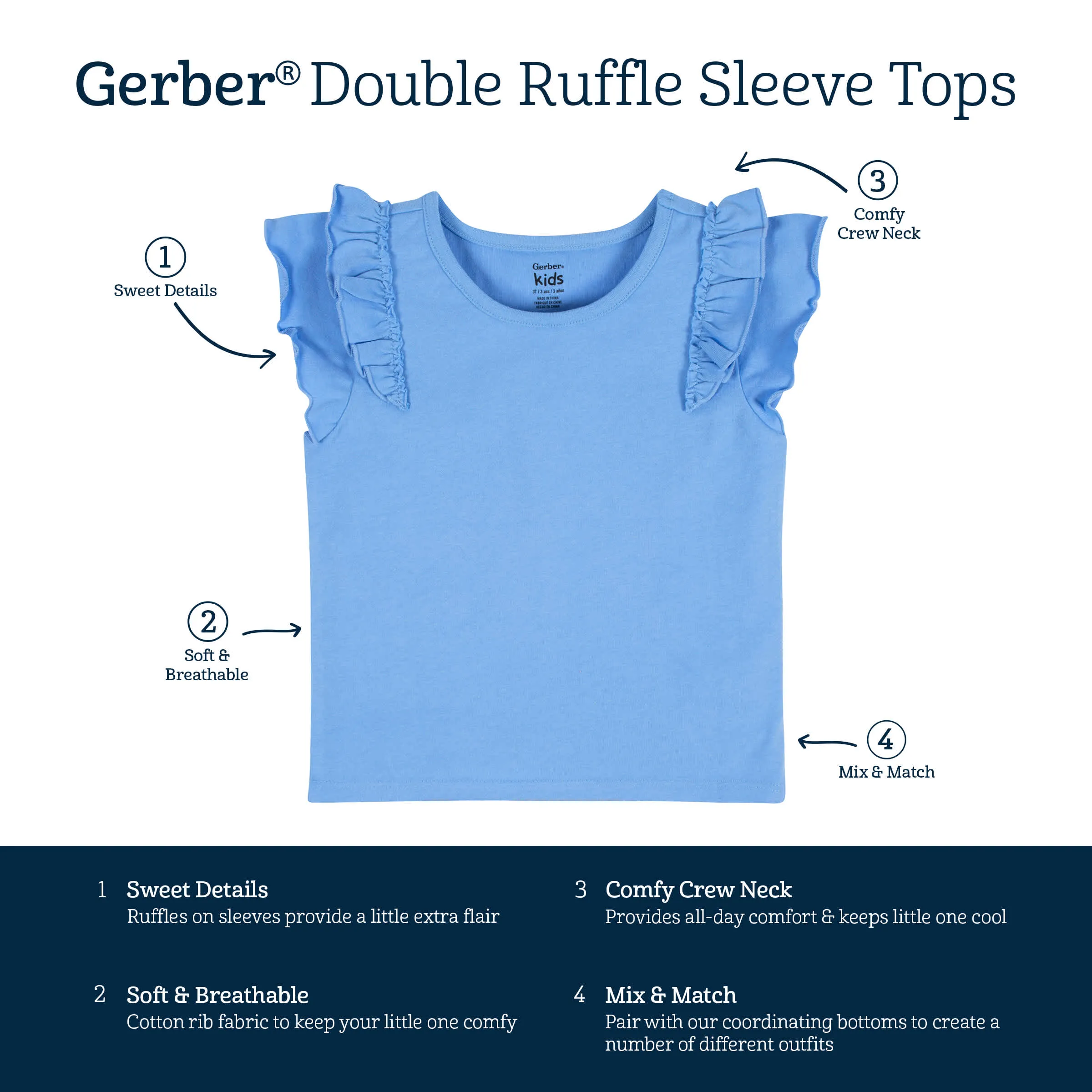 2-Pack Infant Girls Blue Double Ruffle Tops Gerber Childrenswea