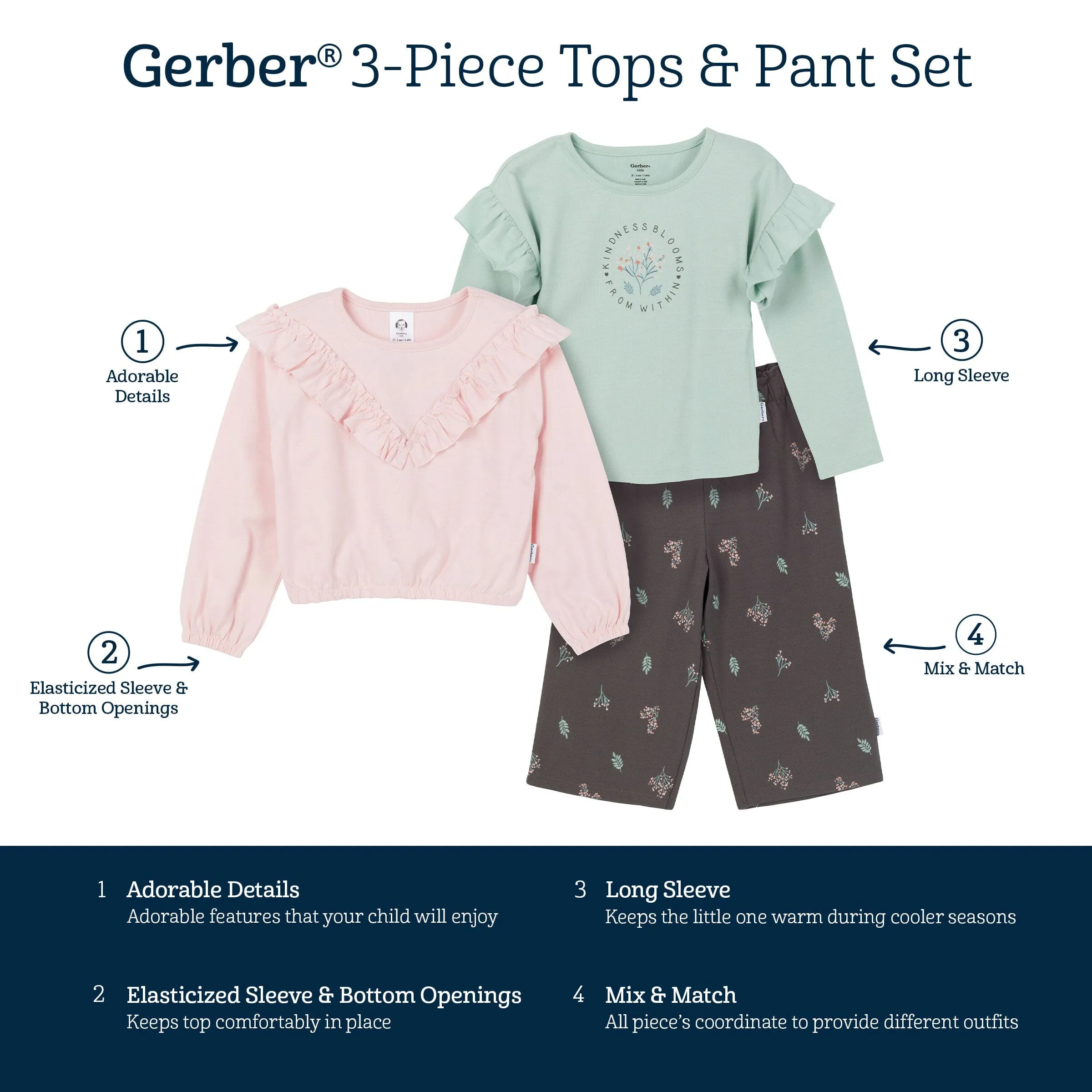 3-Piece Toddler Girls Pink/Brown Tops and Pants Gerber Childrenswea