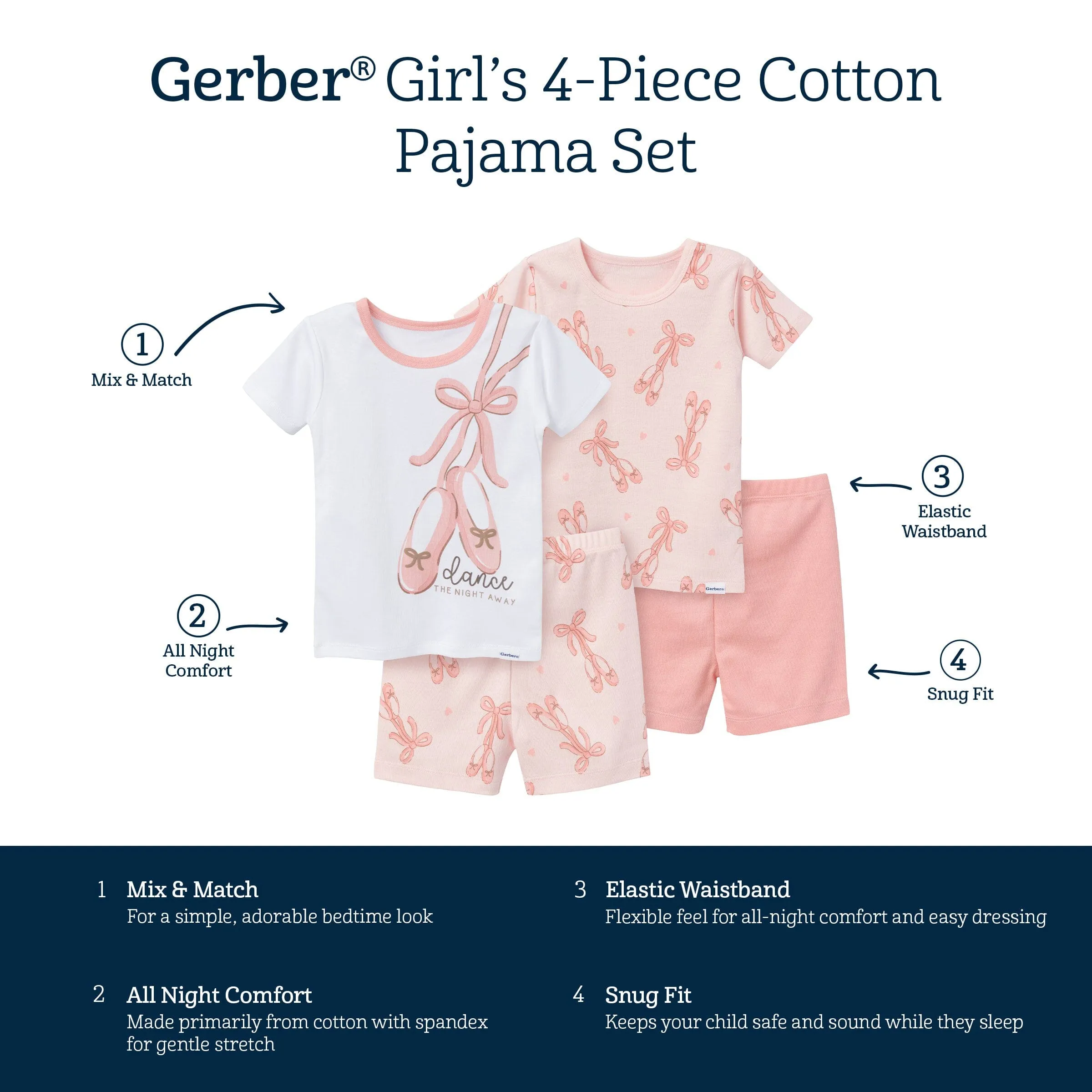 4-Piece Infant & Toddler Girls Ballet Slippers Top and Shorts Pajama Set Gerber Childrenswea