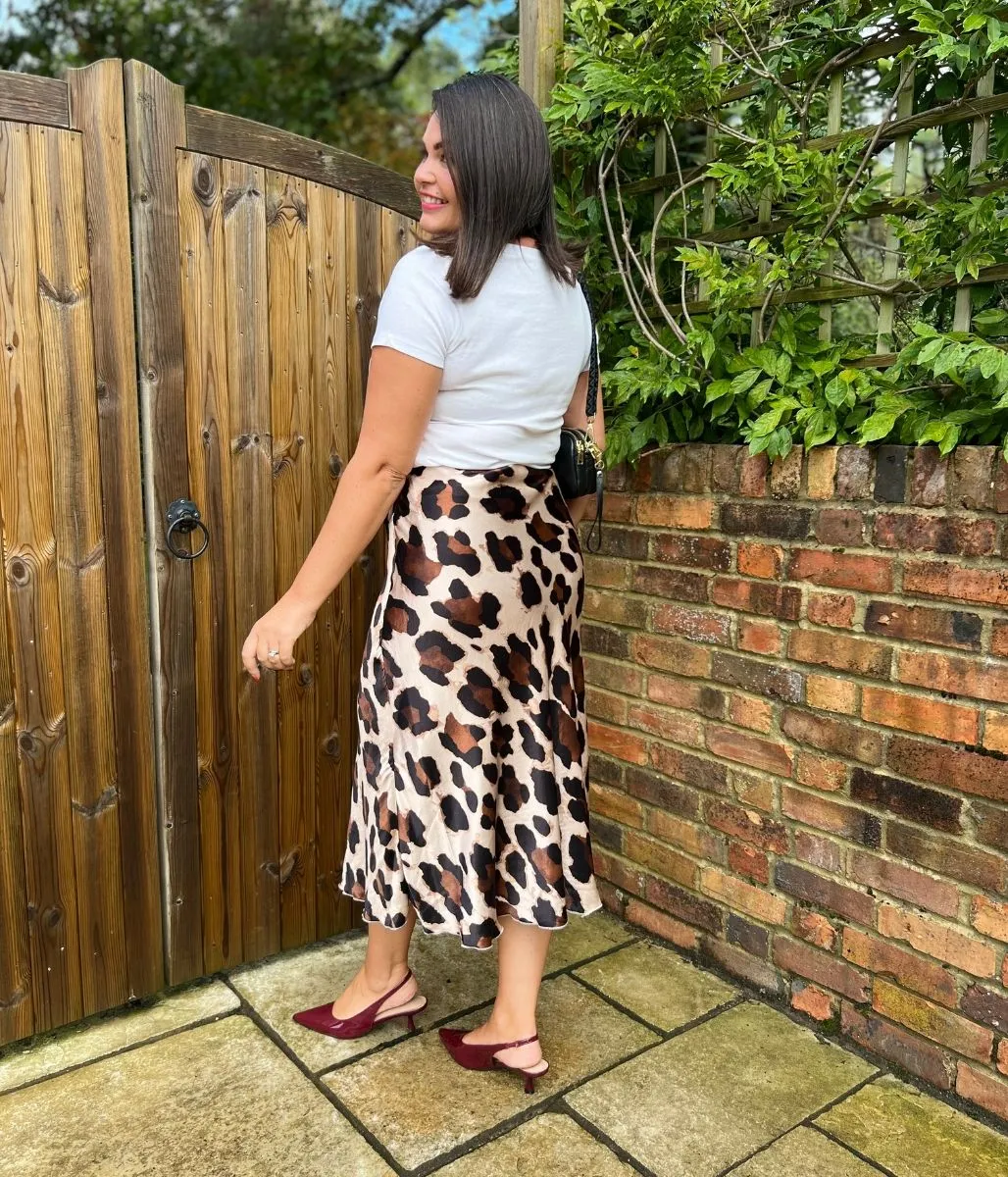 Abstract Leopard Print Satin Slip Midi Skirt