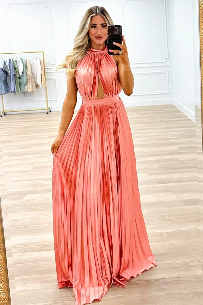 Addicted to Love Pleated Halter Maxi Dress: Rose Pink