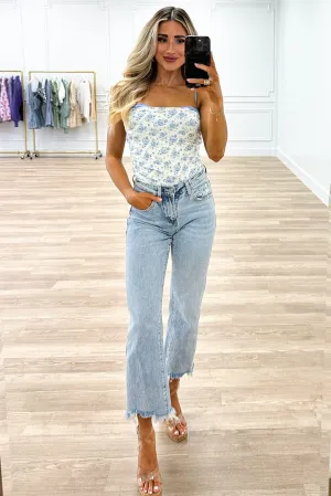 Addie Floral Lace Detail Top: Baby Blue/Ivory