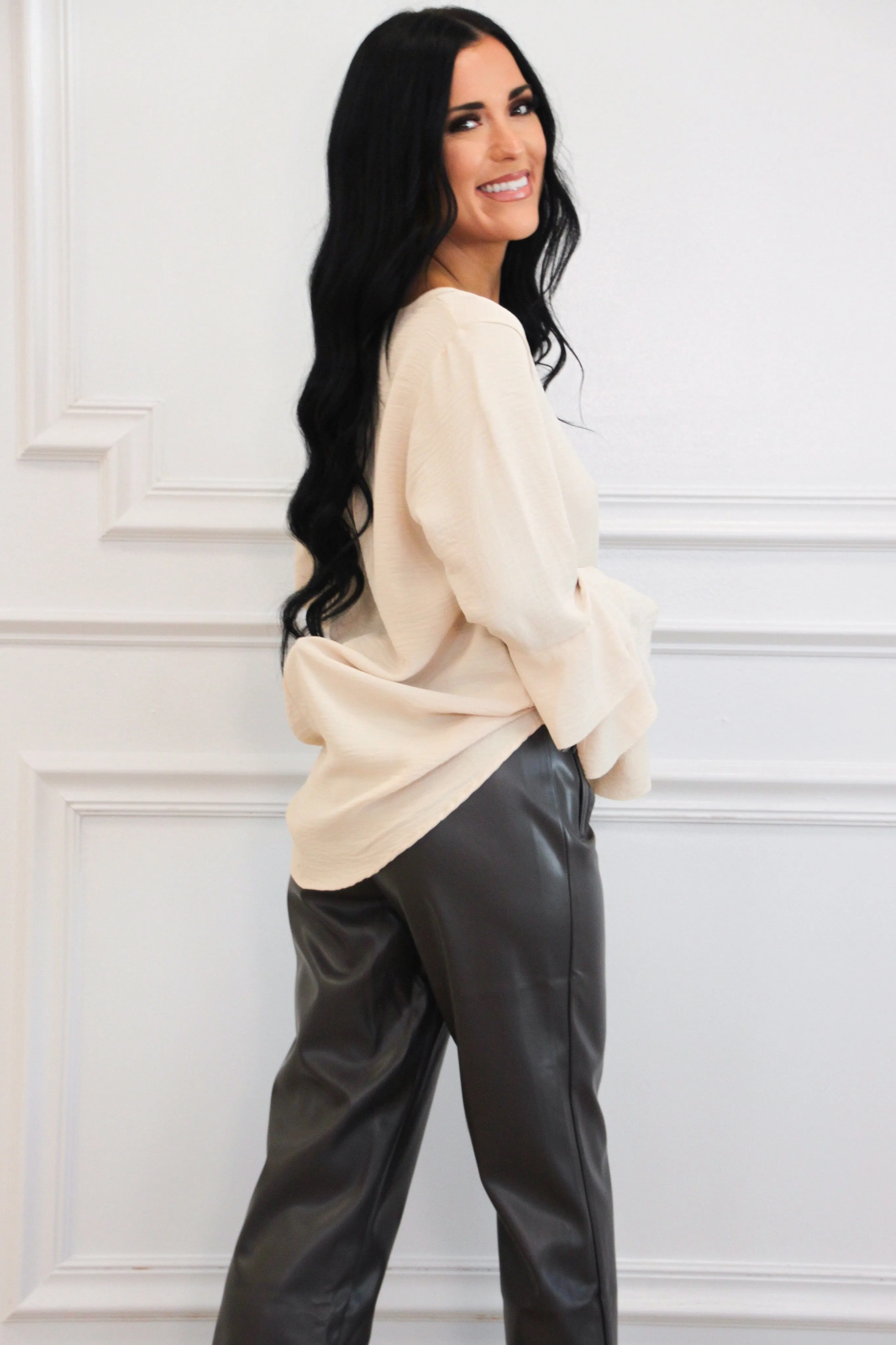 Alina Unfinished Hem Bell Sleeve Top: Cream