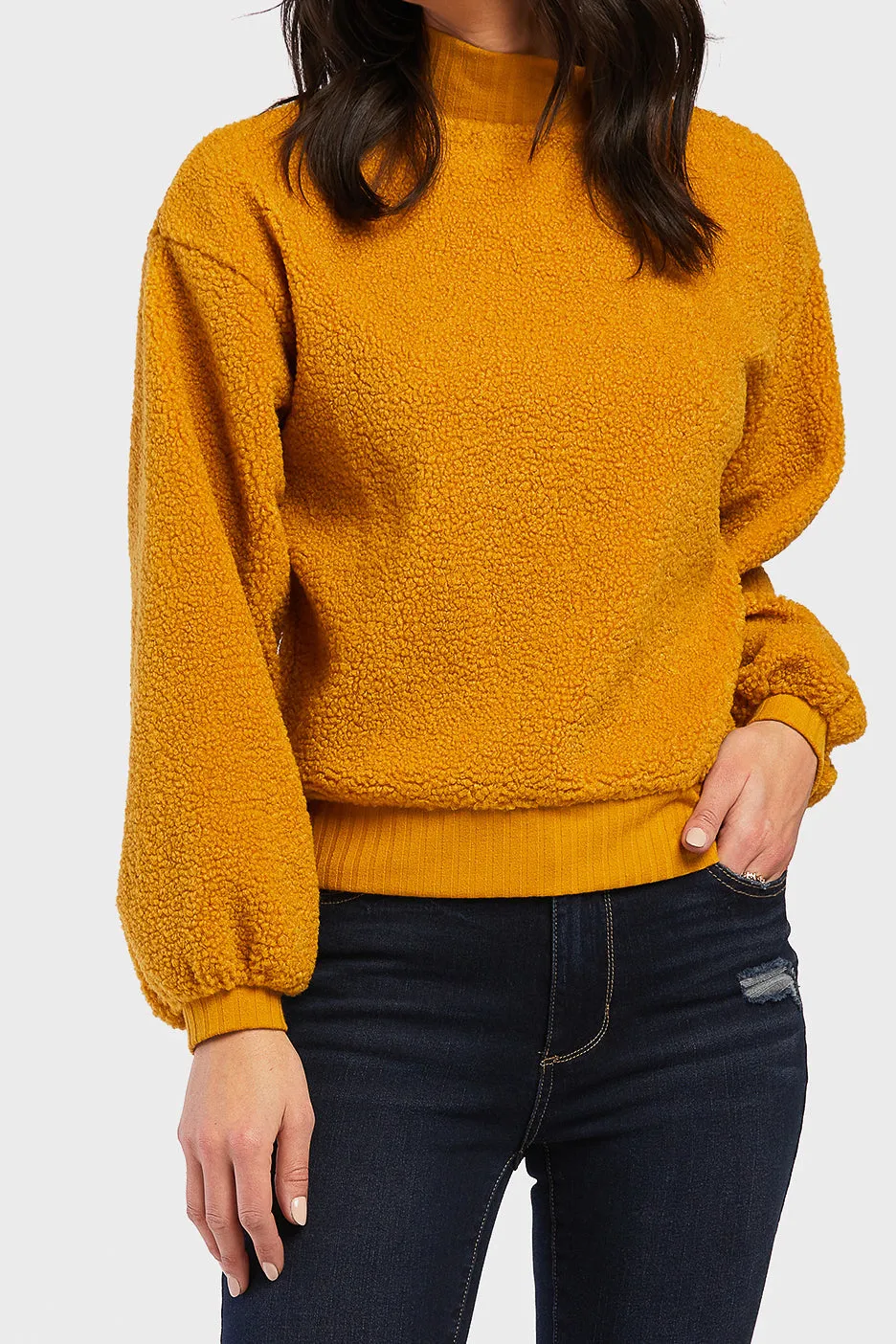BestSelling Domino Long Sleeve Pullover Top Ribbed Cuff Hem And Mock Neck  Last Chance!