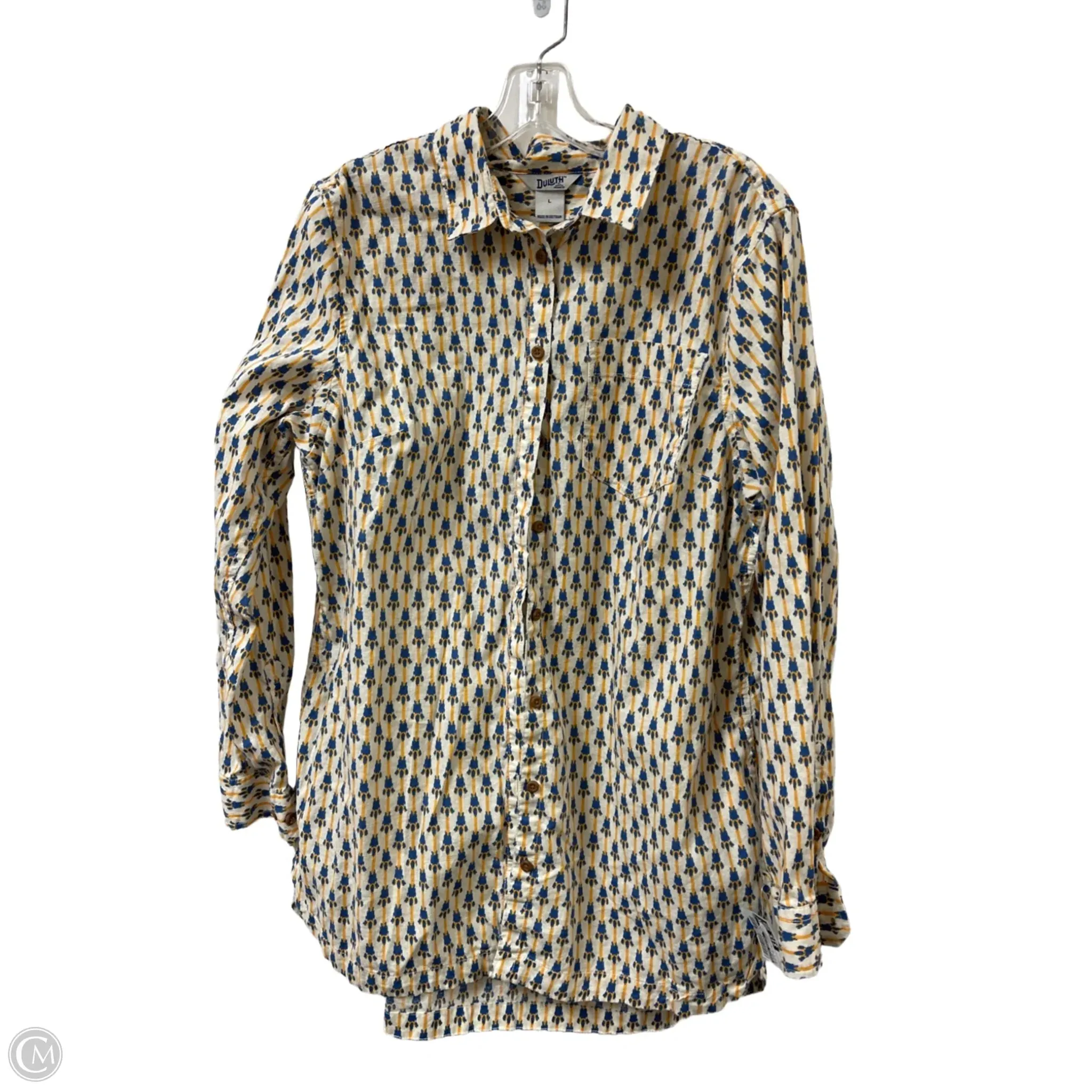Blouse Long Sleeve By Duluth Trading In Blue & Yellow, Size: L