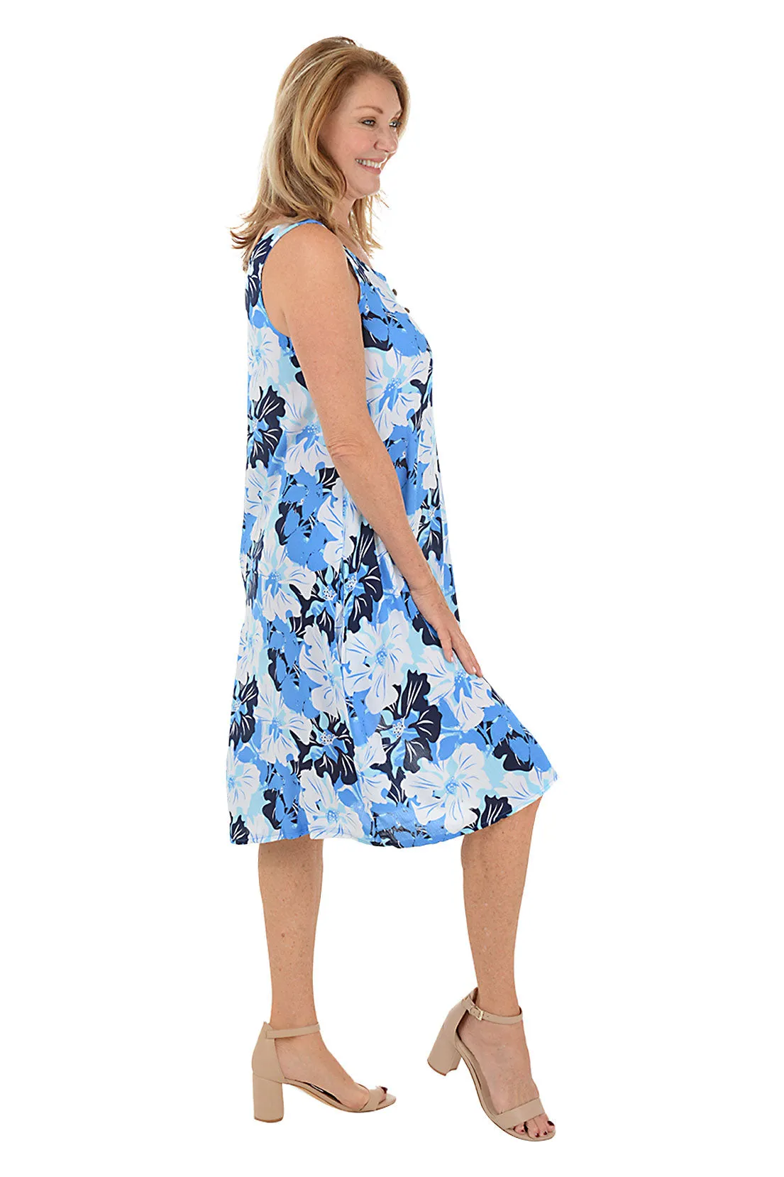 Blue Hibiscus Button-Neck Sleeveless Dress