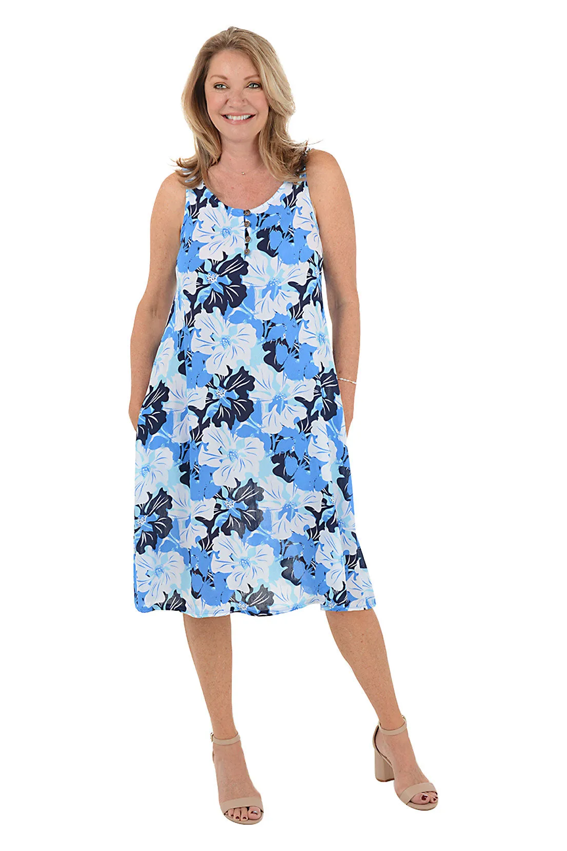 Blue Hibiscus Button-Neck Sleeveless Dress