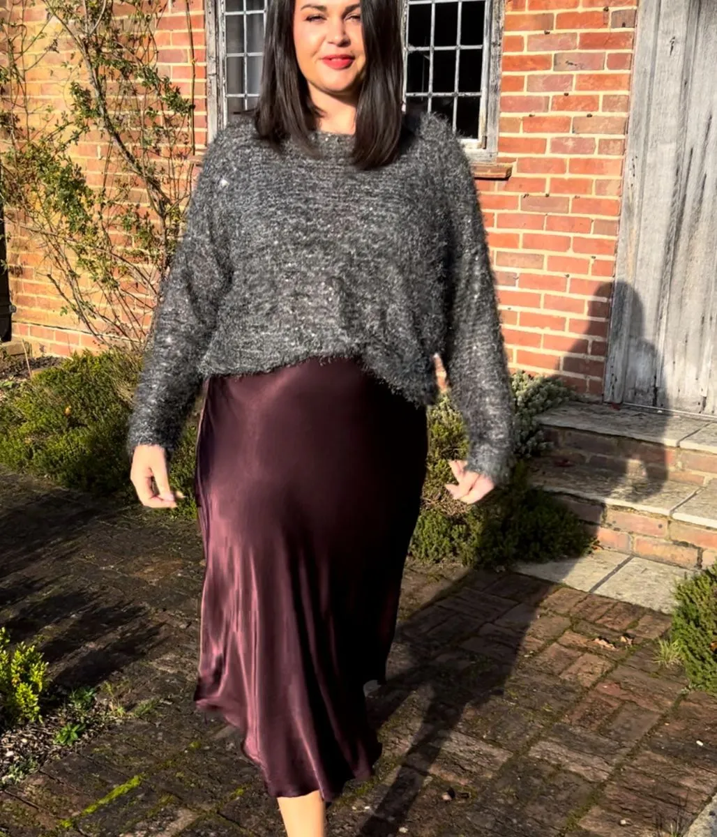 Burgundy Satin Slip Midi Skirt