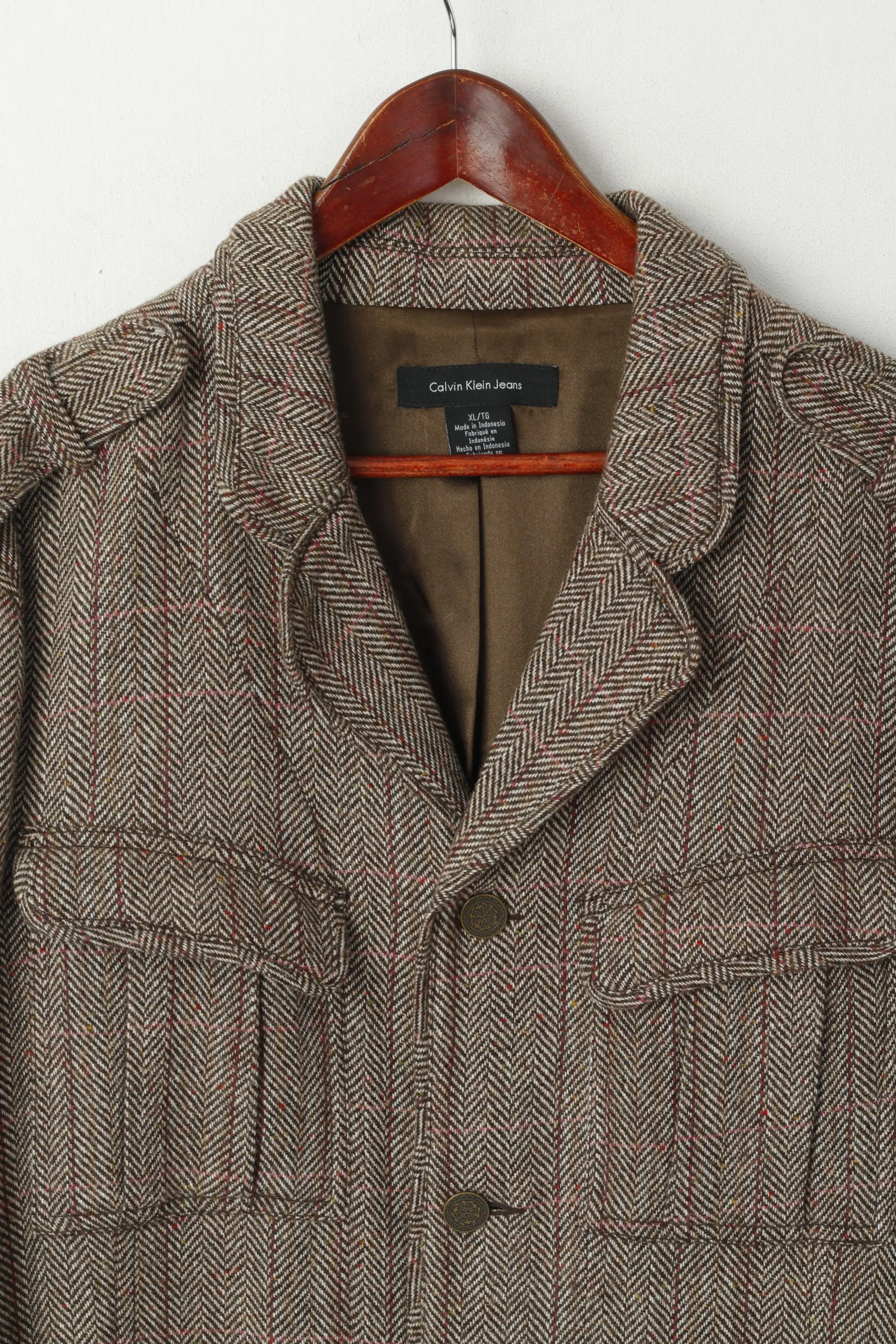 Calvin Klein Jeans Men XL Jacket Brown Wool Herringbone Soft Single Breasted Blazer Top