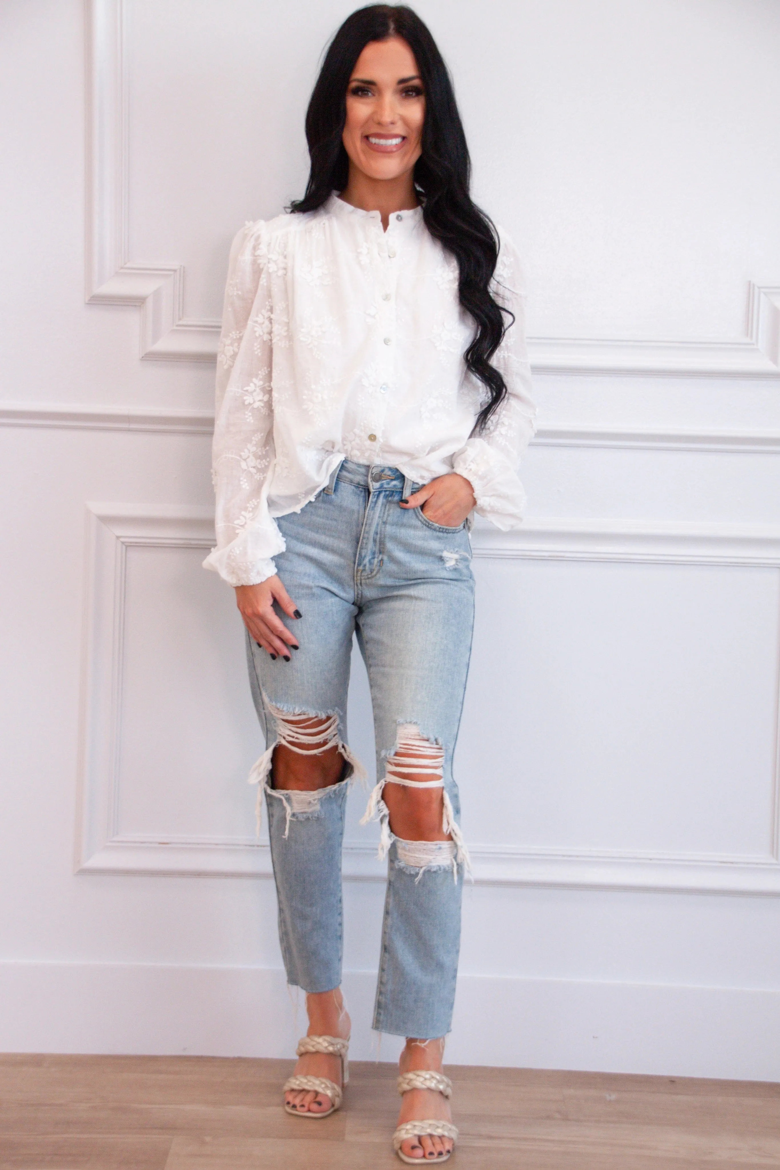 Carmine Embroidered Floral Button Top: White