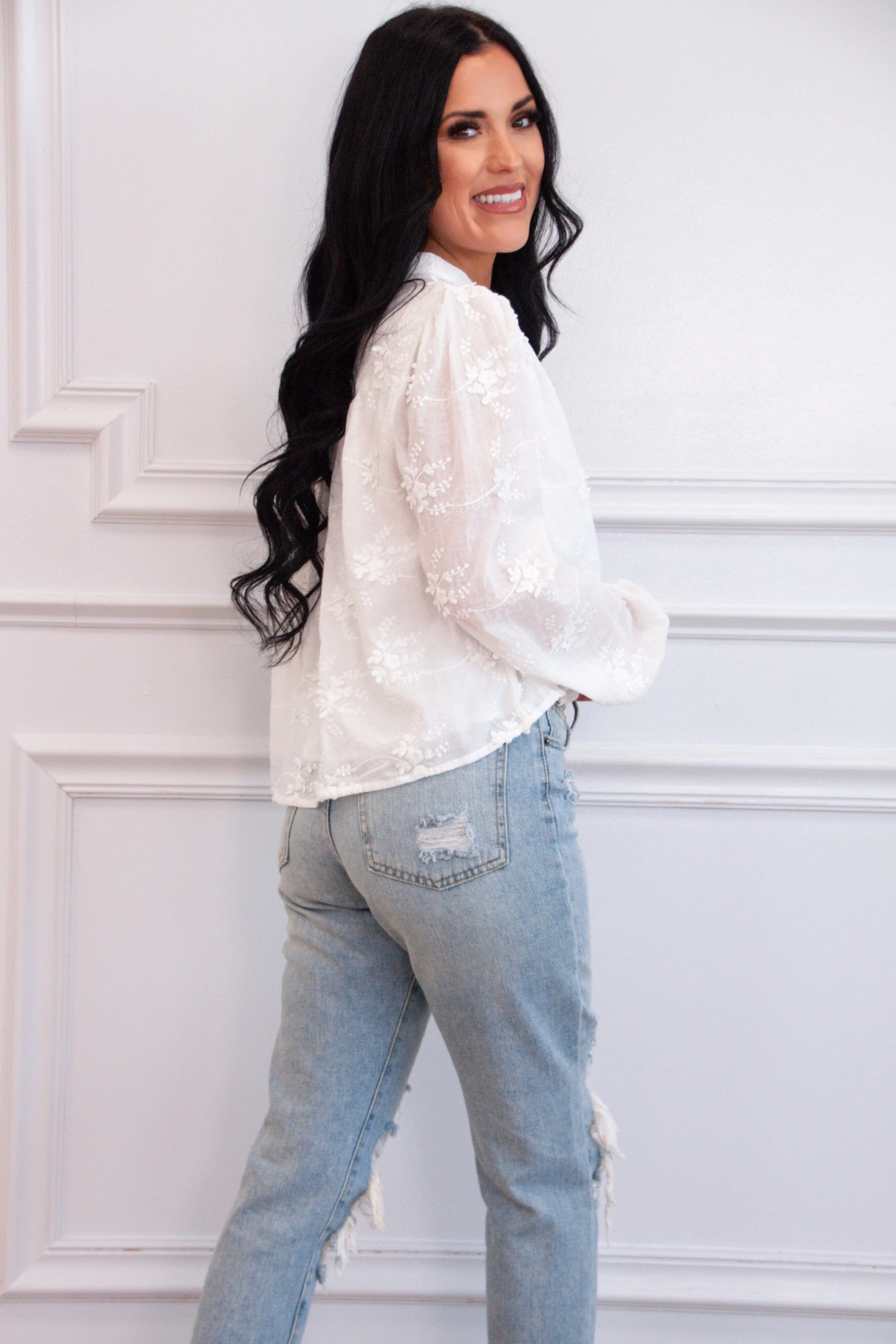 Carmine Embroidered Floral Button Top: White