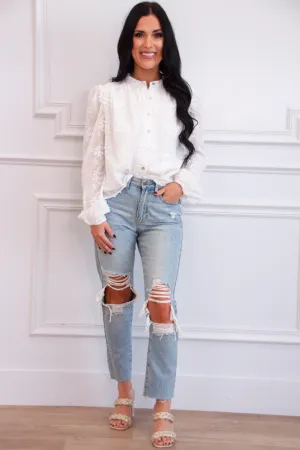 Carmine Embroidered Floral Button Top: White
