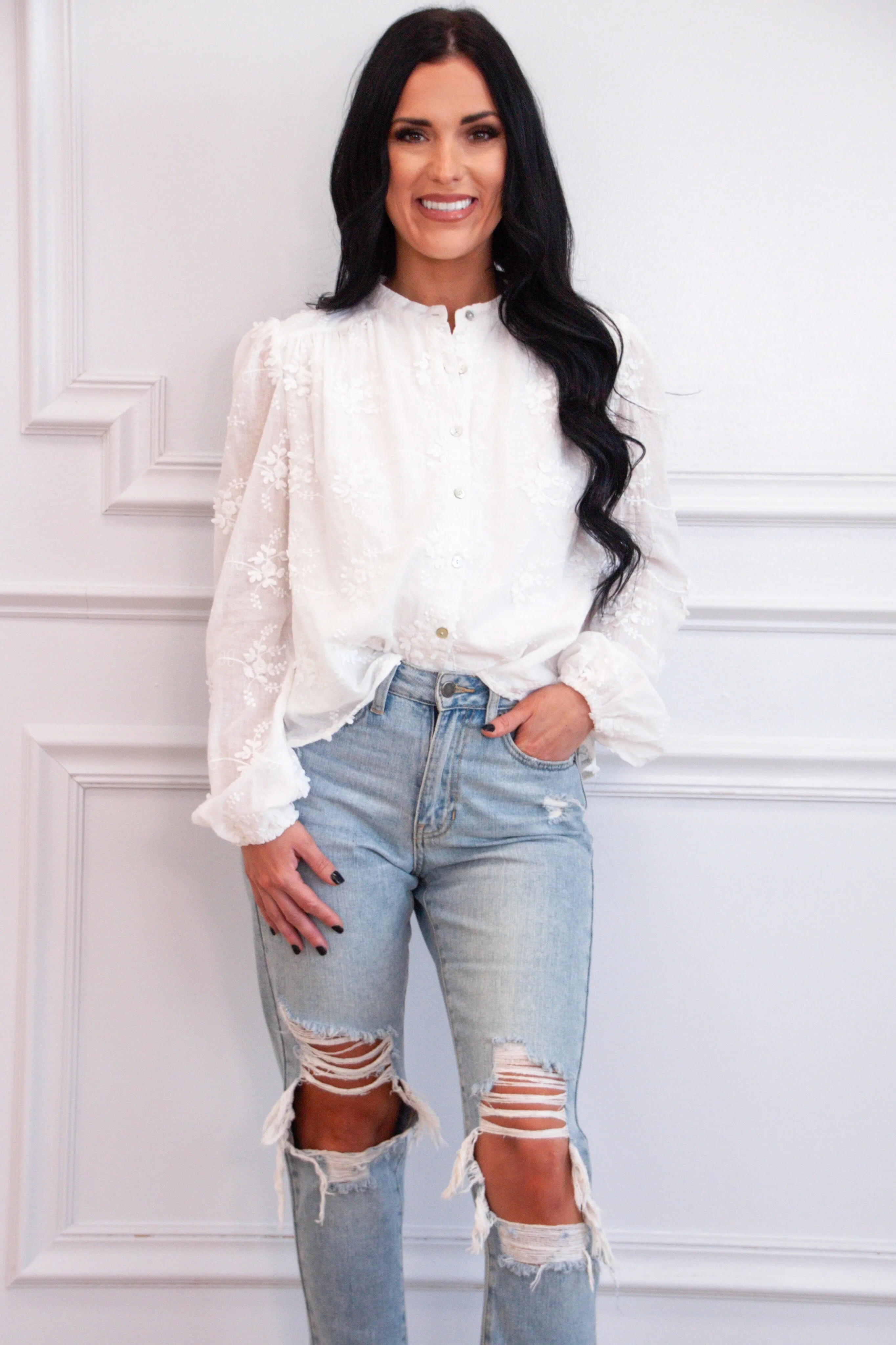 Carmine Embroidered Floral Button Top: White