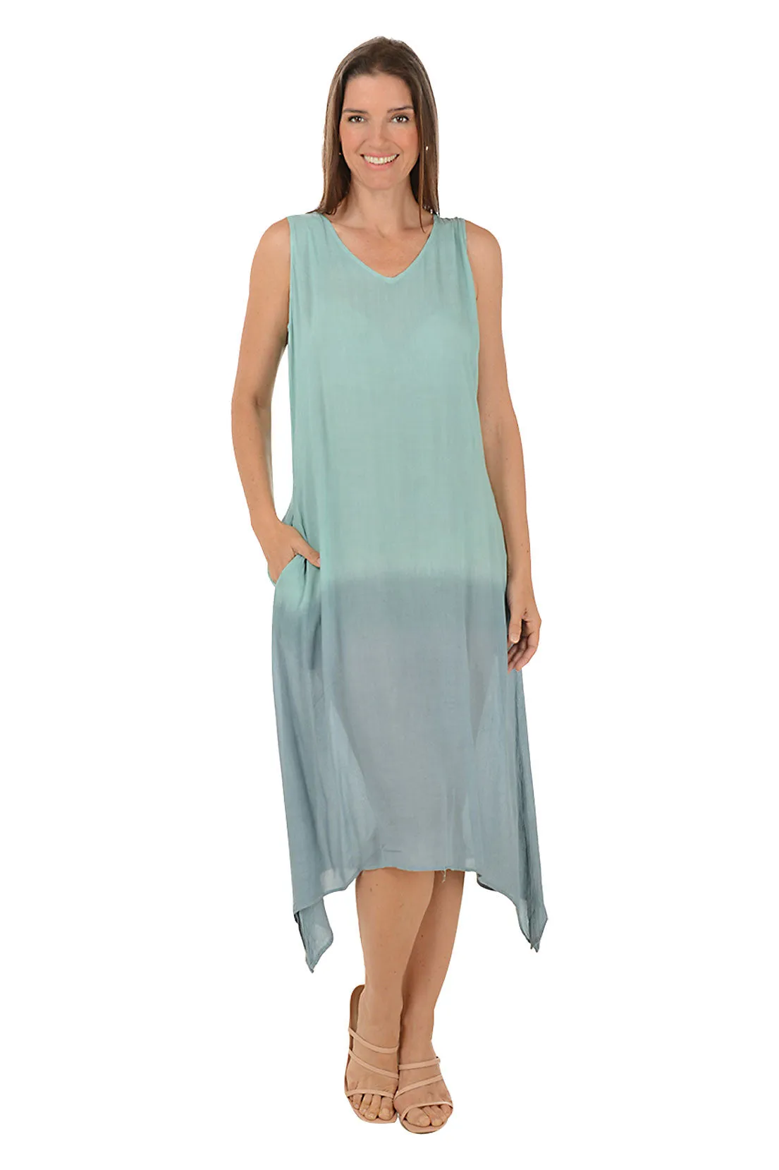 Celadon Dip-Dye Sleeveless Midi Dress