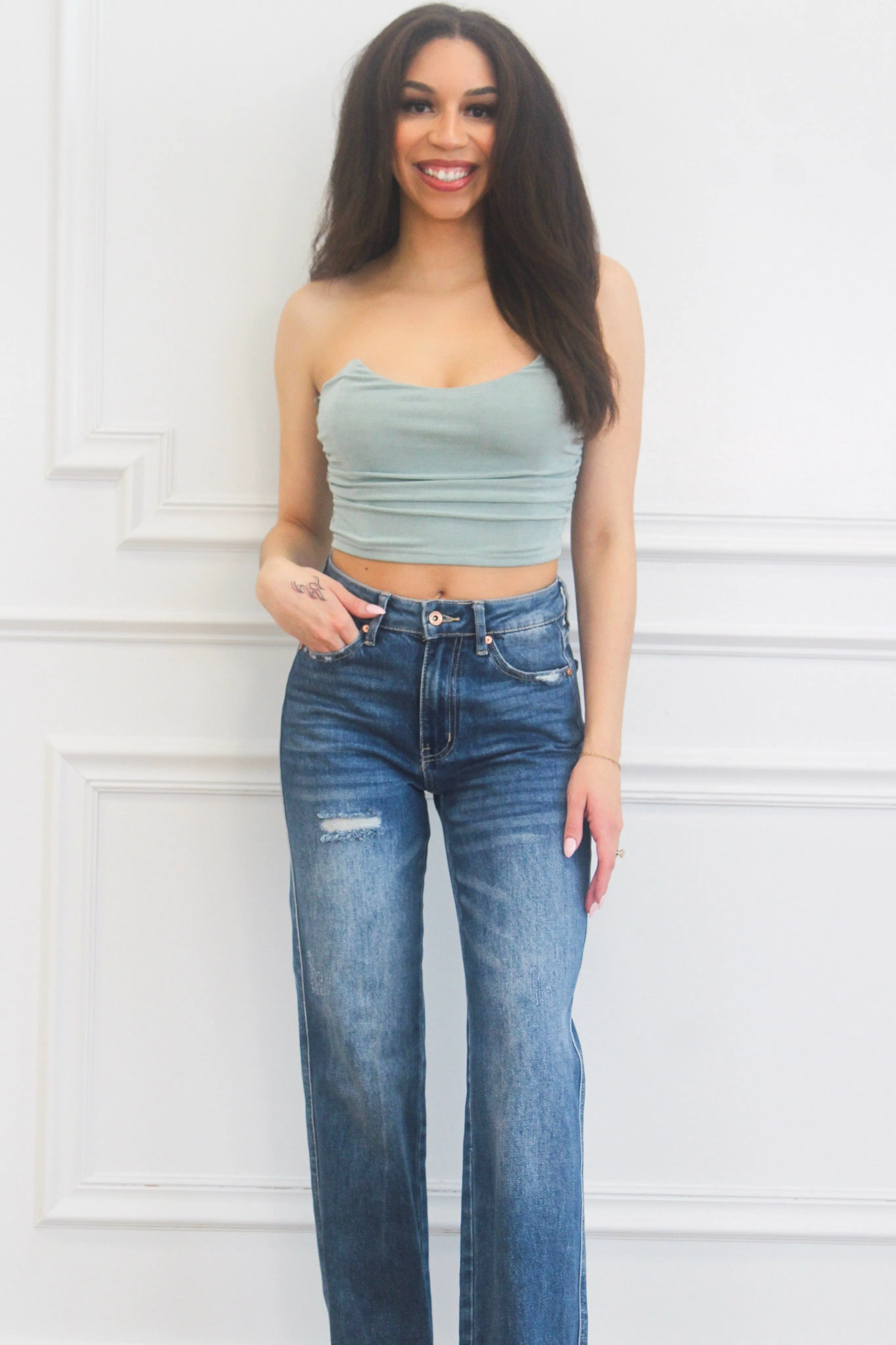 Cellie Strapless Busier Crop Top: Sage
