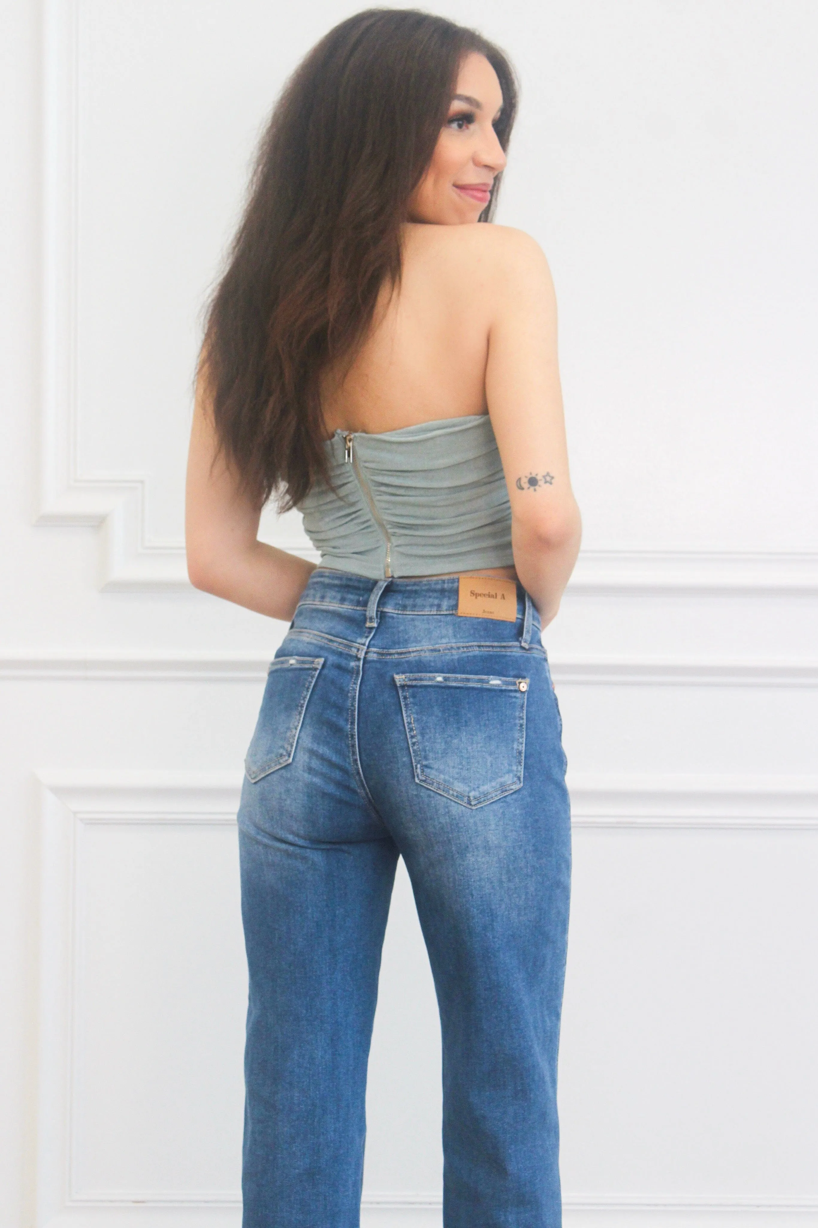 Cellie Strapless Busier Crop Top: Sage