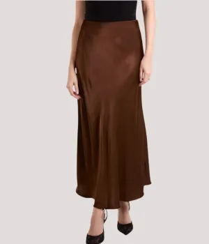 Chocolate Brown Satin Slip Midi Skirt