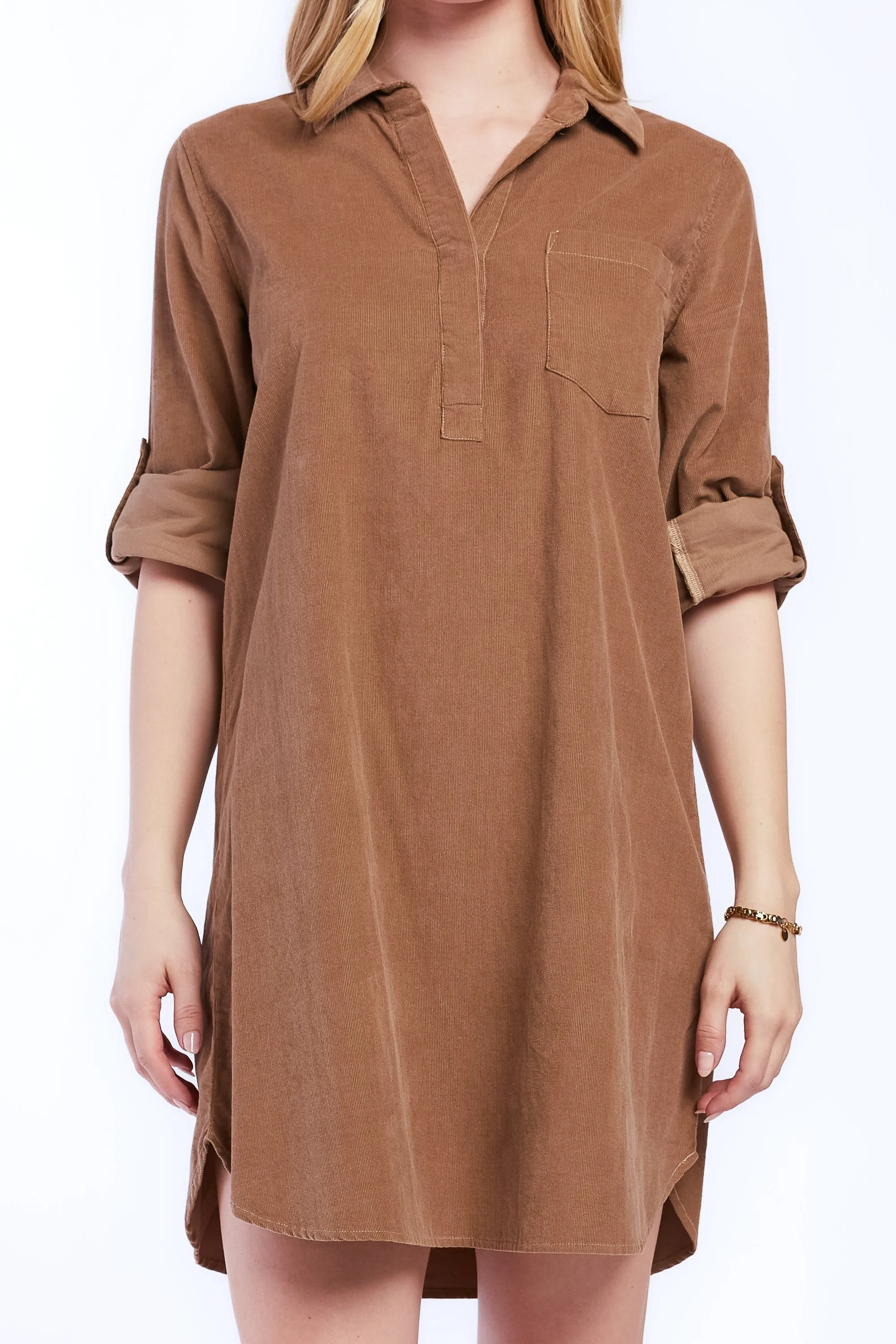 Customer Favorite Lizbeth Rolled Tab Sleeve Pop Over Shift Dress Split Neck With 2 Button  Stylish & Comfortable