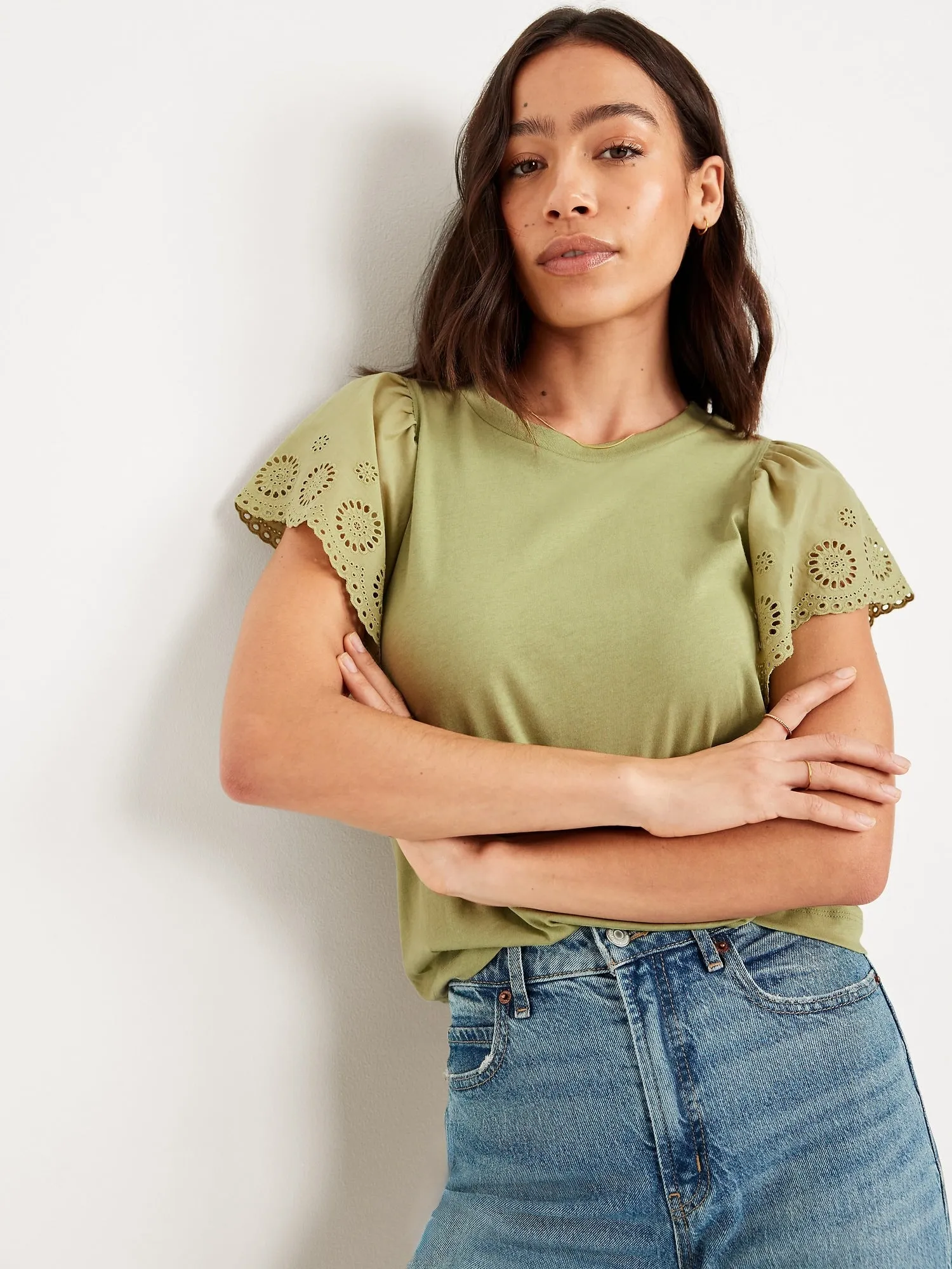 Cutwork-Sleeve Mixed Fabric Top