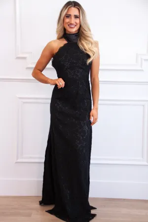 Delilah Lace Halter Neck Maxi Dress: Black