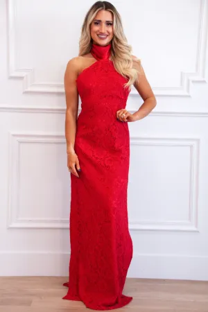 Delilah Lace Halter Neck Maxi Dress: Red