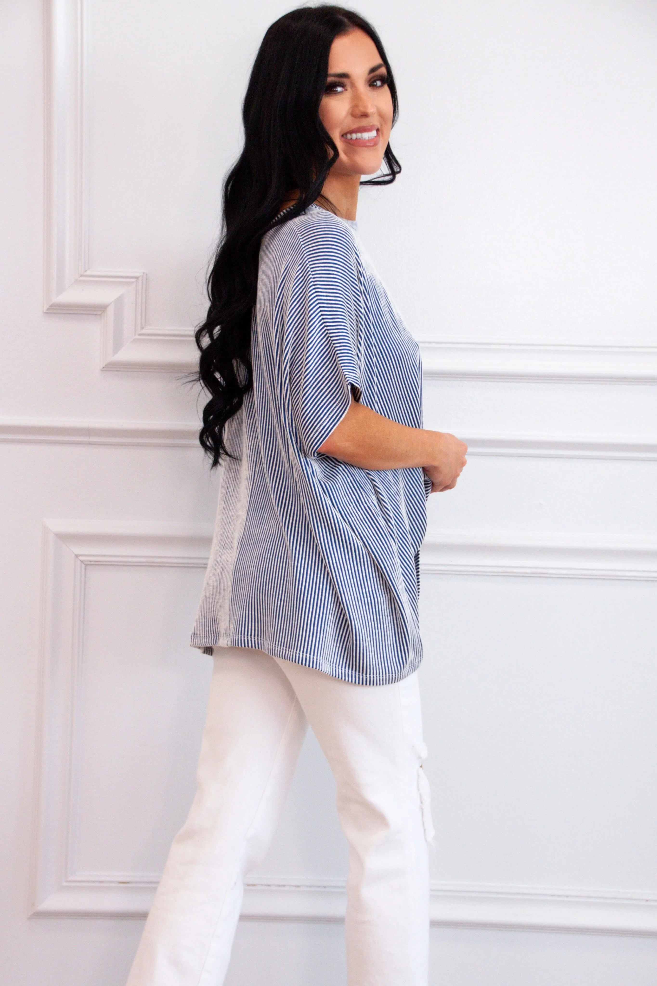 Ellison Corded Rib Oversized Pocket Top: Navy