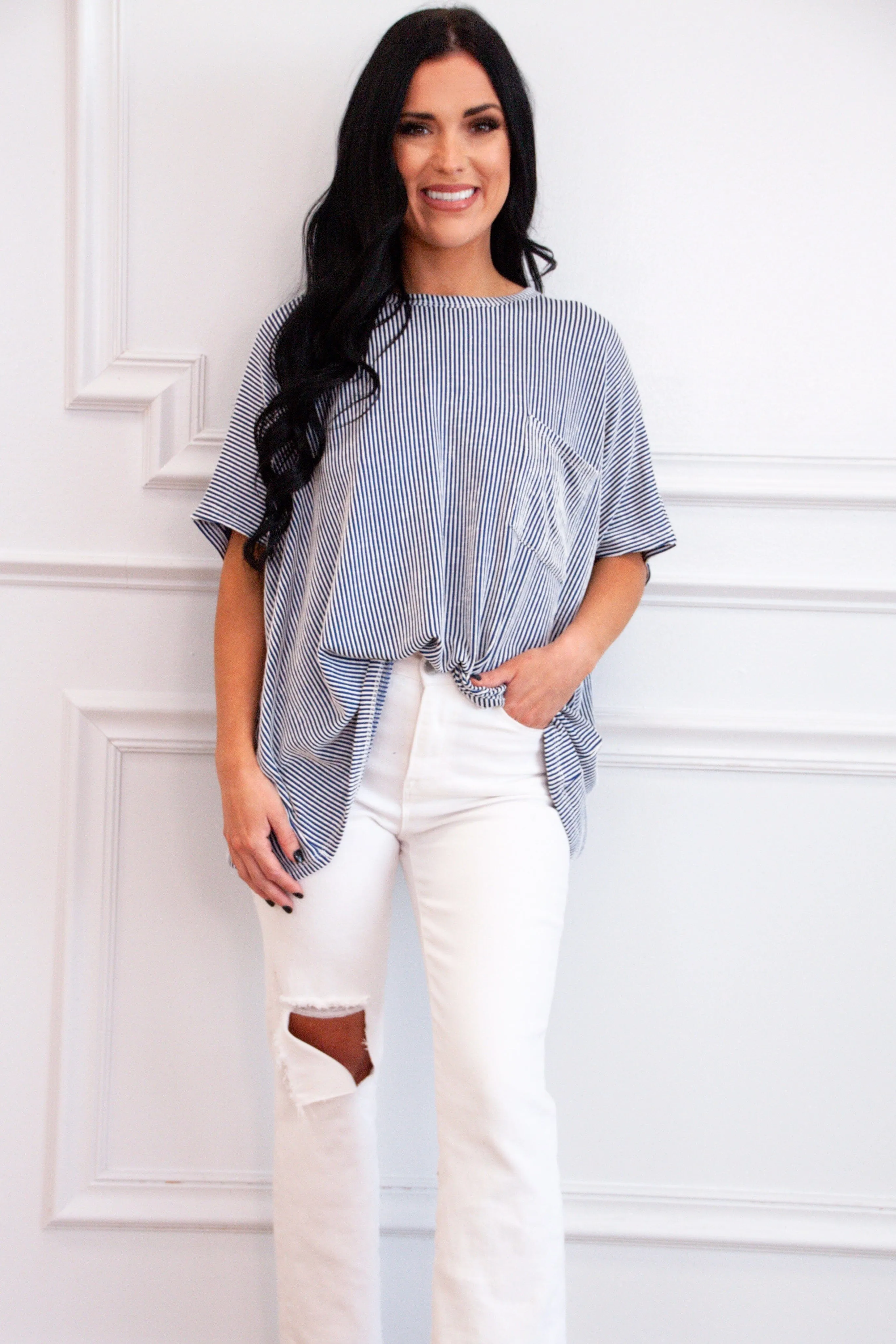 Ellison Corded Rib Oversized Pocket Top: Navy