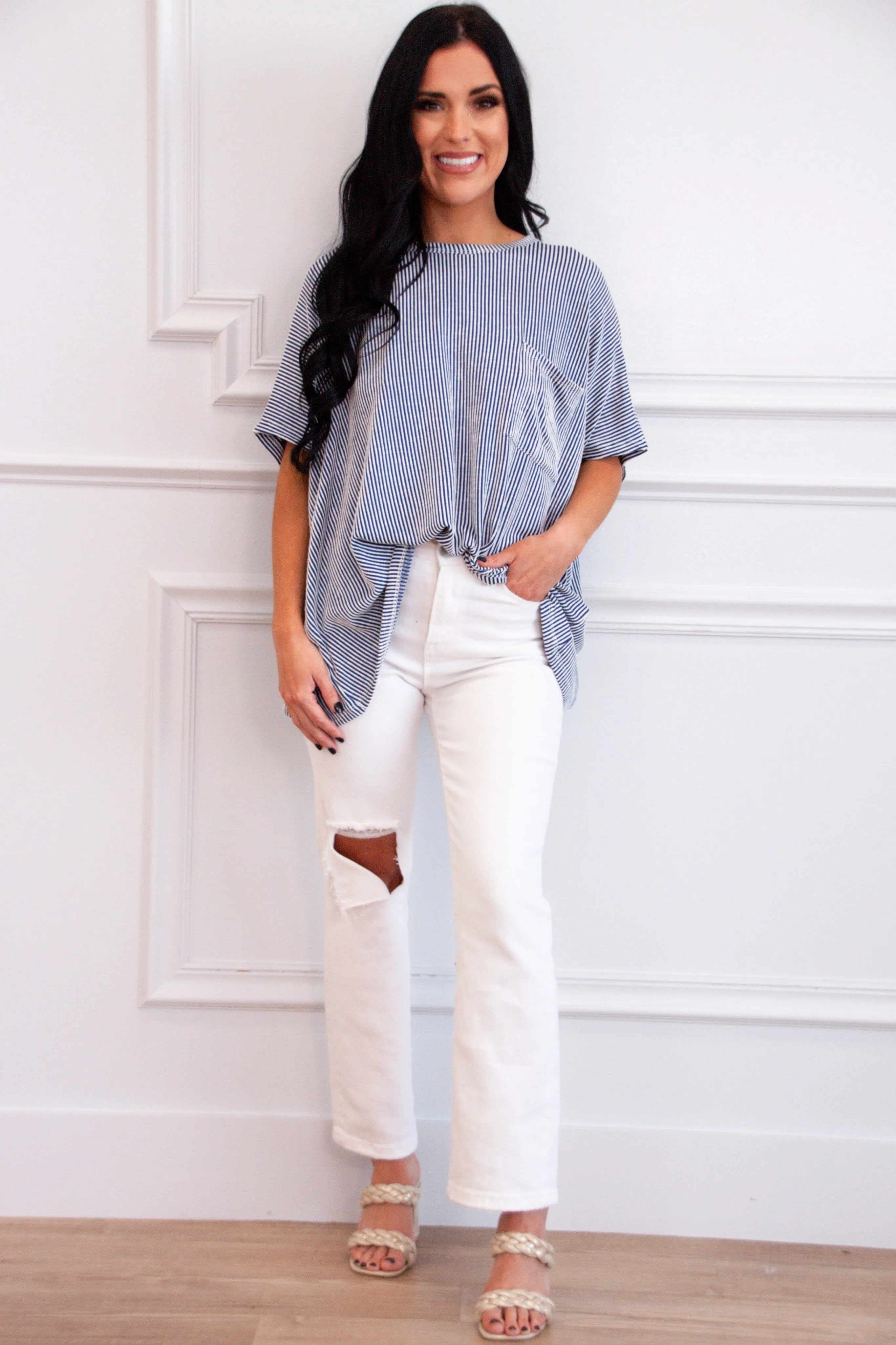 Ellison Corded Rib Oversized Pocket Top: Navy
