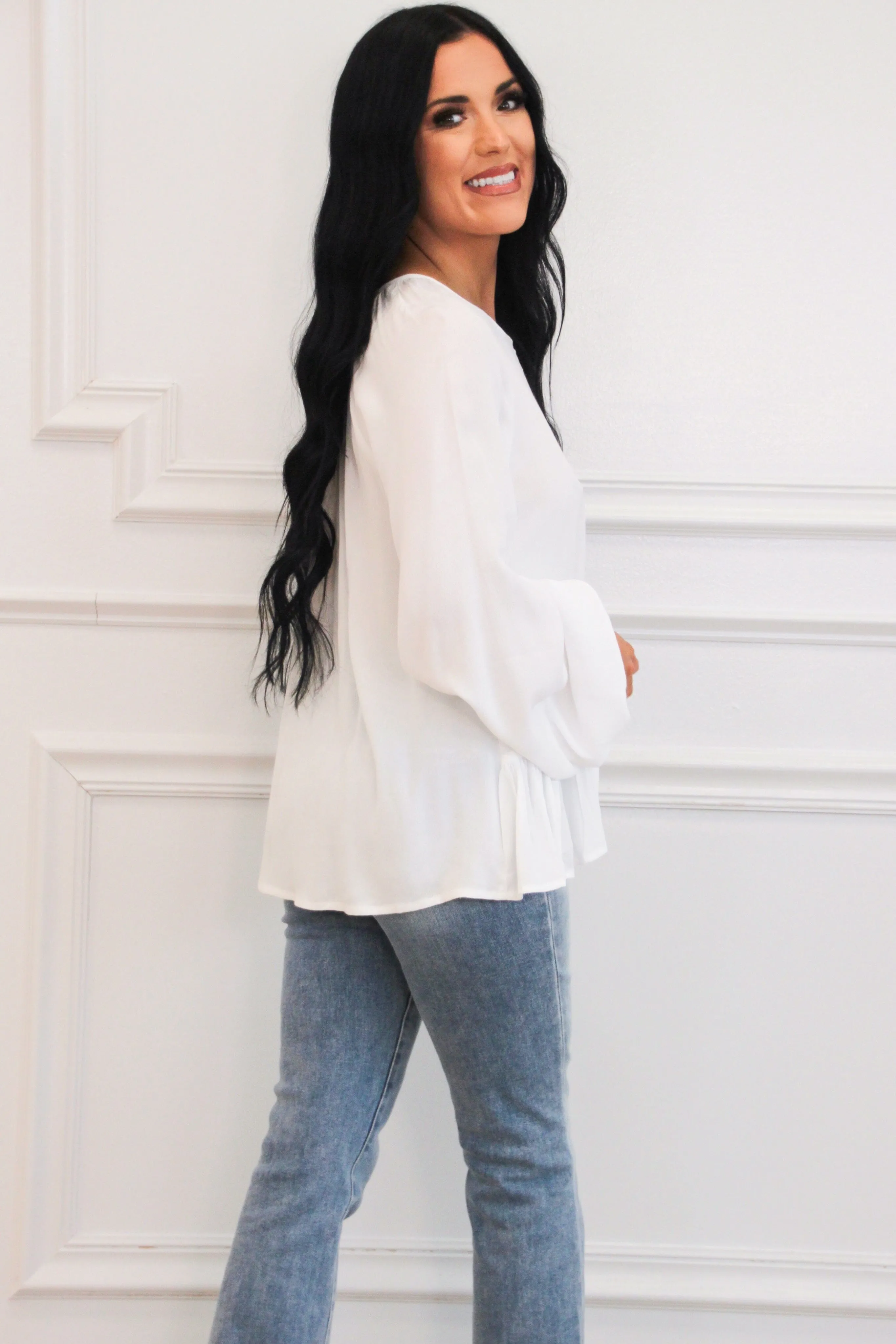 Every Day Classic Ruffle Button Top: White