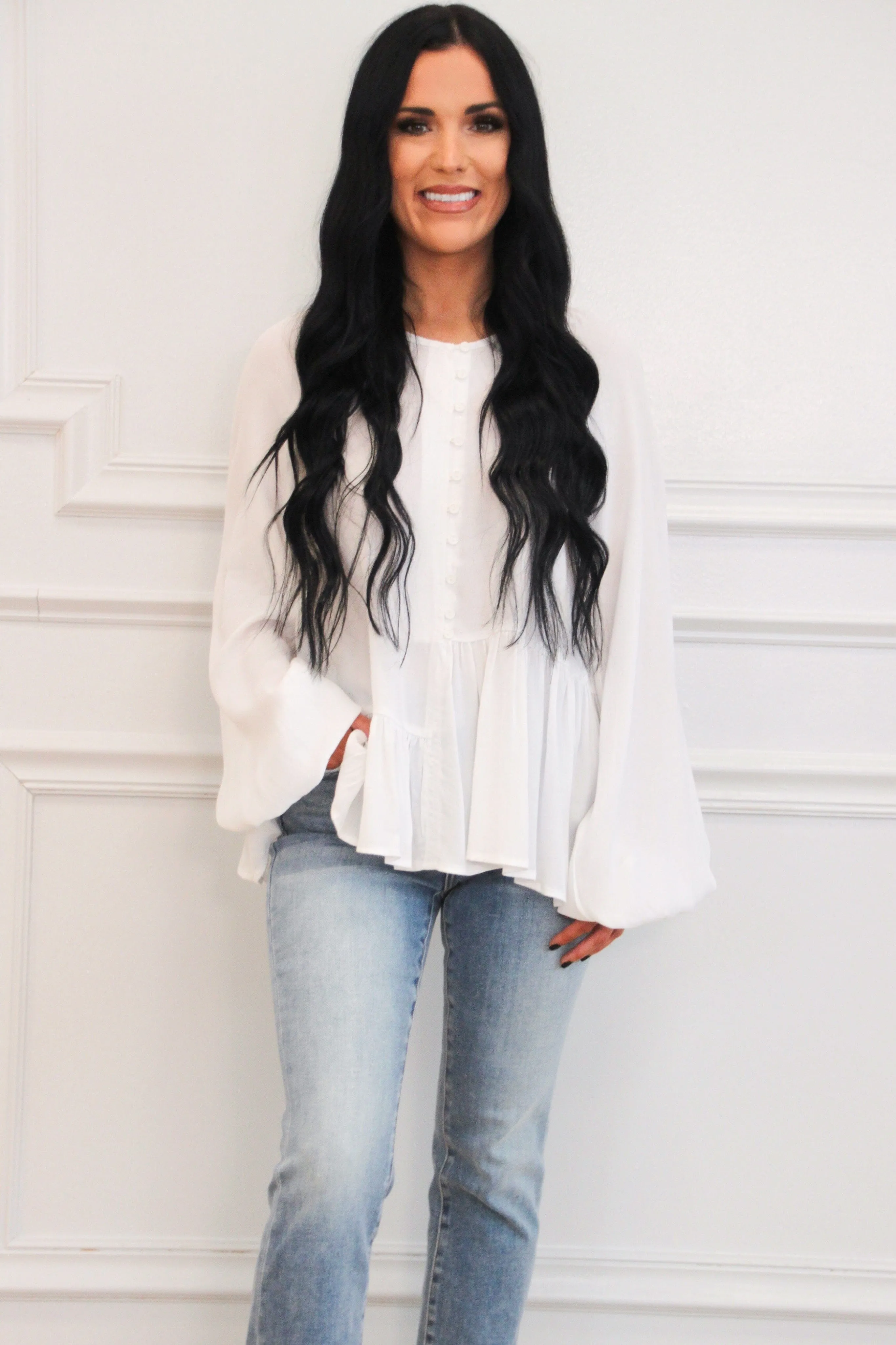 Every Day Classic Ruffle Button Top: White