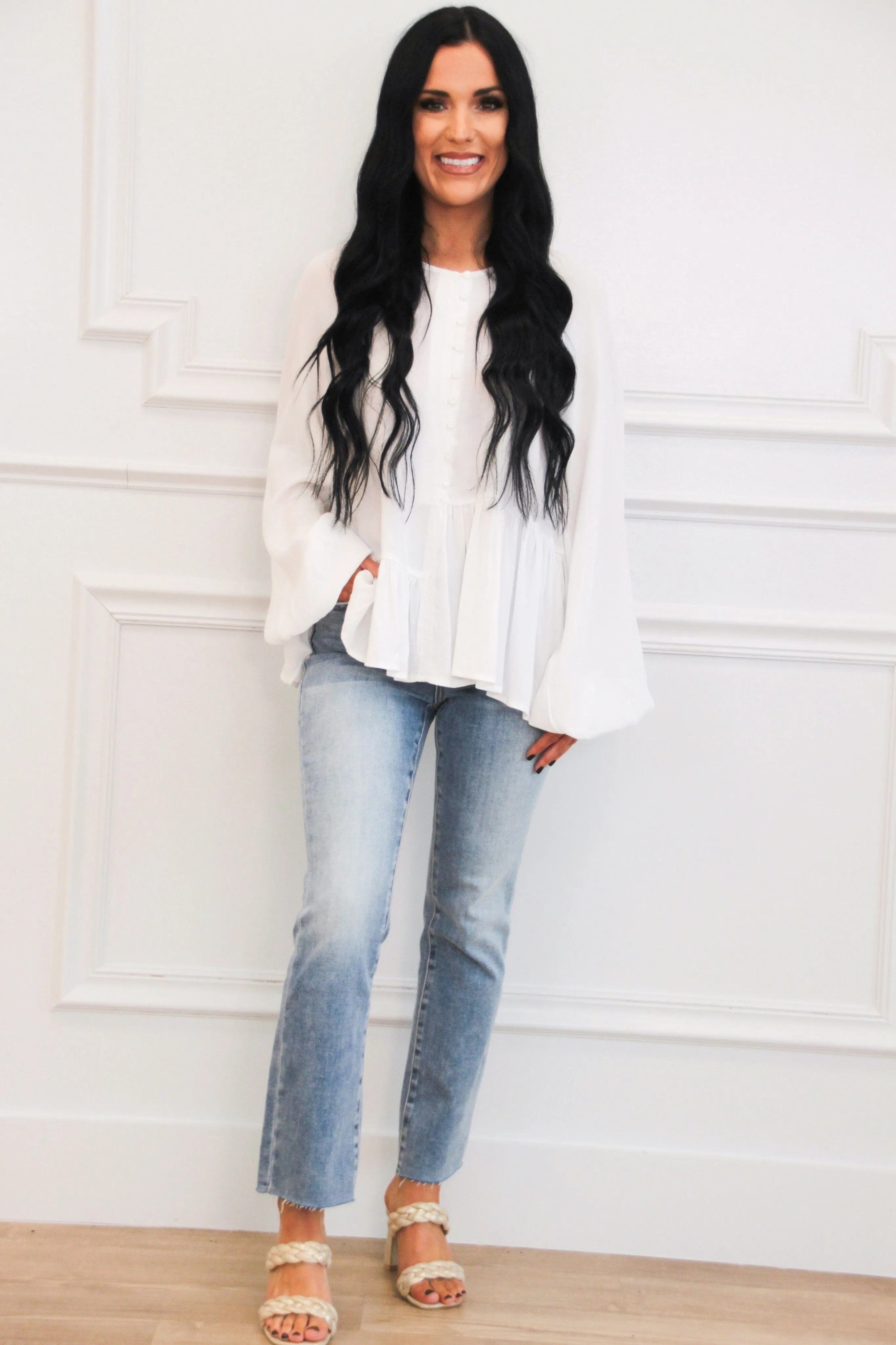 Every Day Classic Ruffle Button Top: White