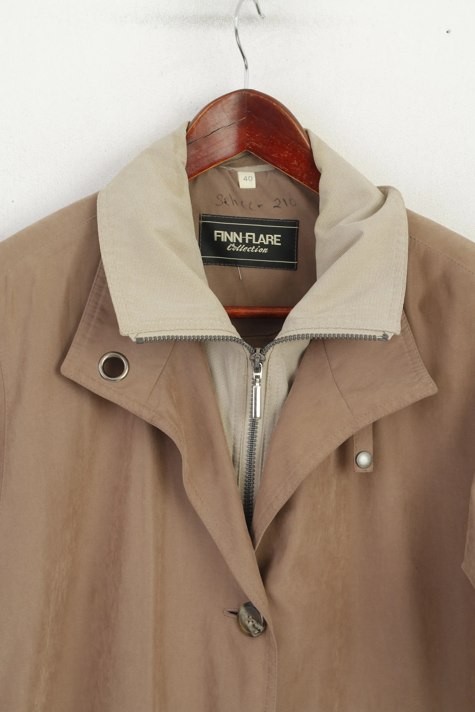 Finn-Flare Collection Women 40 L Coat Taupe Zip Up Shoulder Pads Retro Single Breasted Top