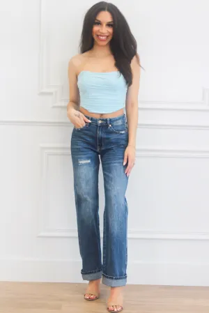 Frankie Strapless Bustier Crop Top: Light Blue