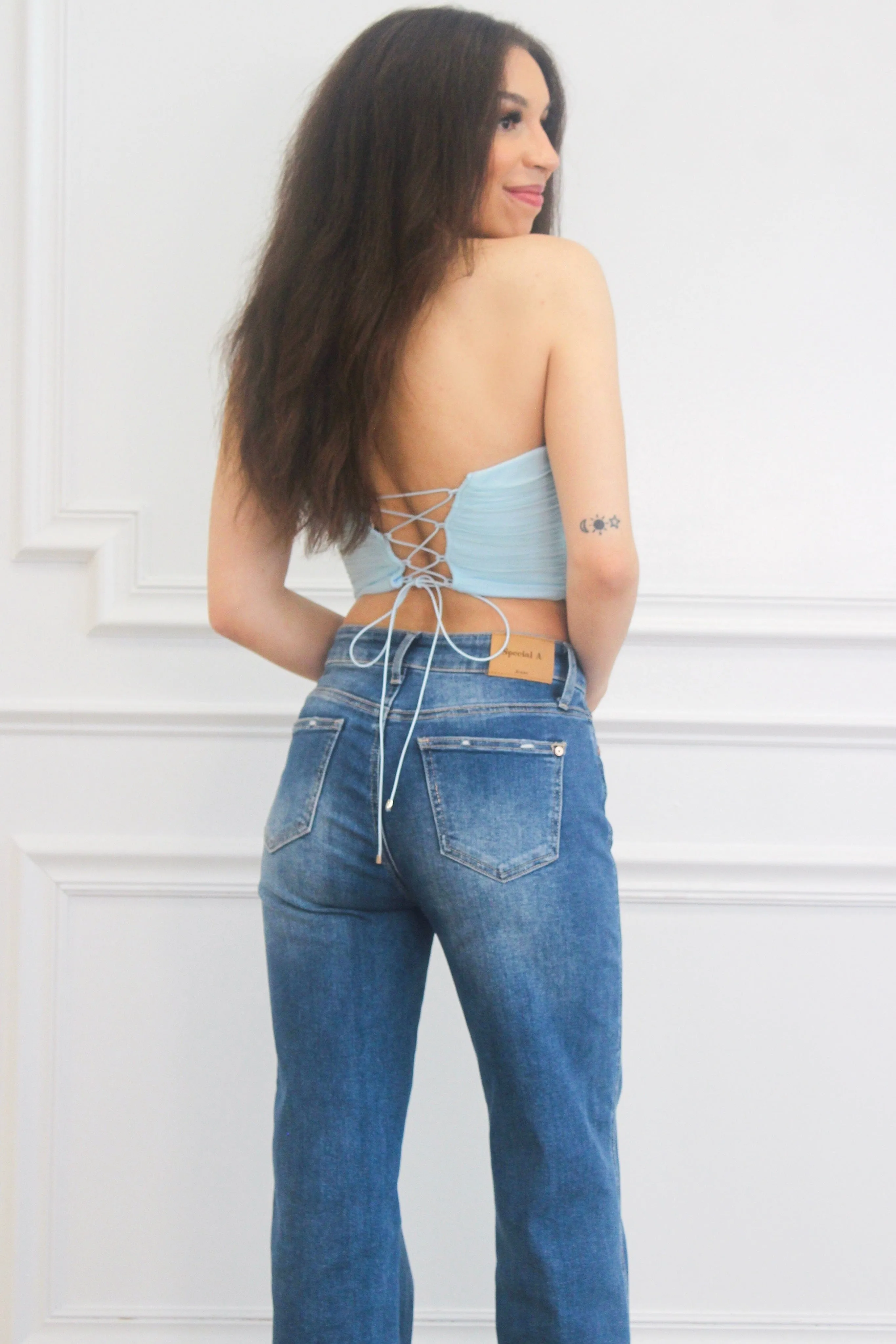 Frankie Strapless Bustier Crop Top: Light Blue