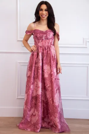 Garden Wedding Organza Off Shoulder Floral Maxi Dress: Mauve