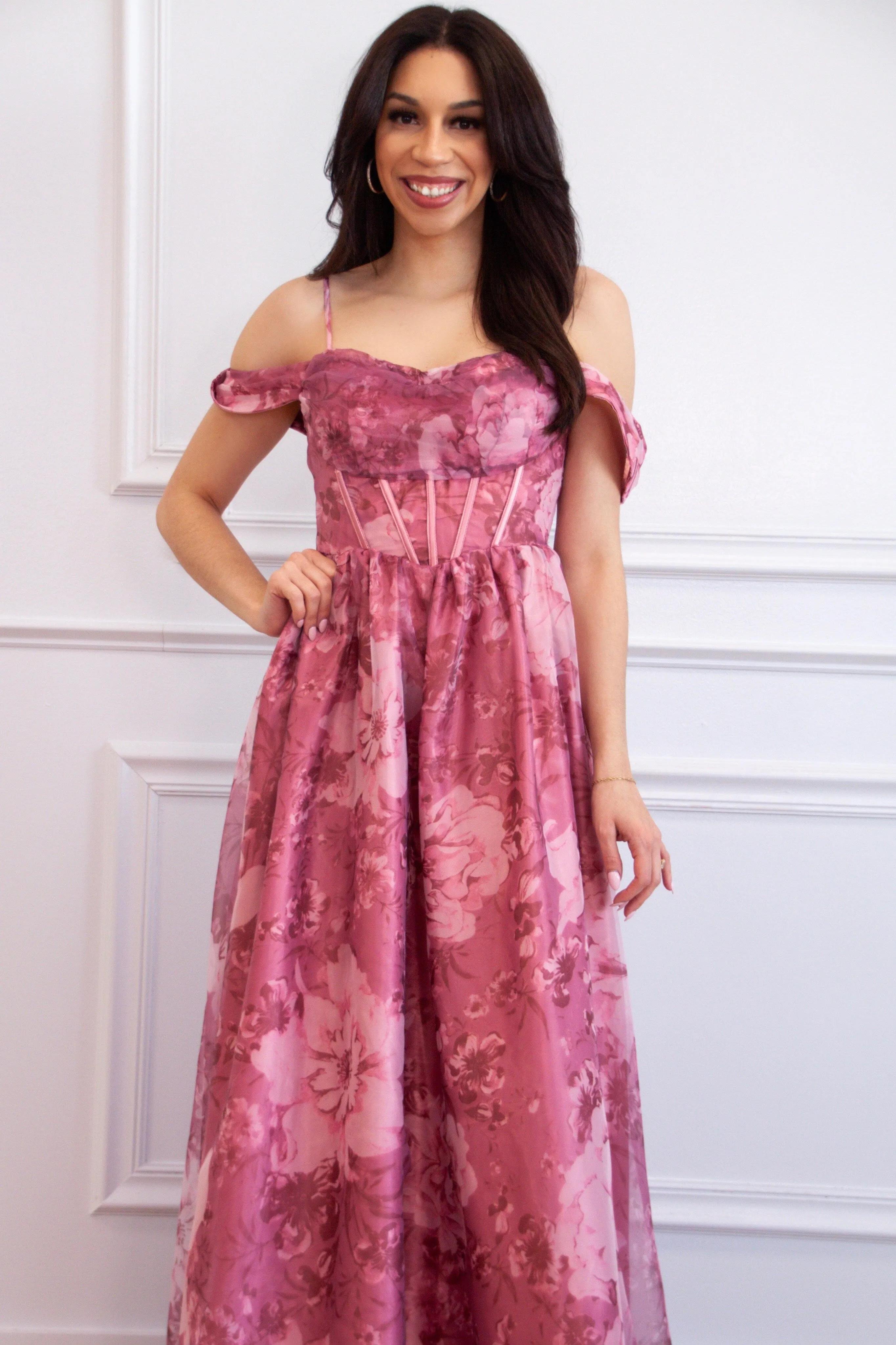 Garden Wedding Organza Off Shoulder Floral Maxi Dress: Mauve