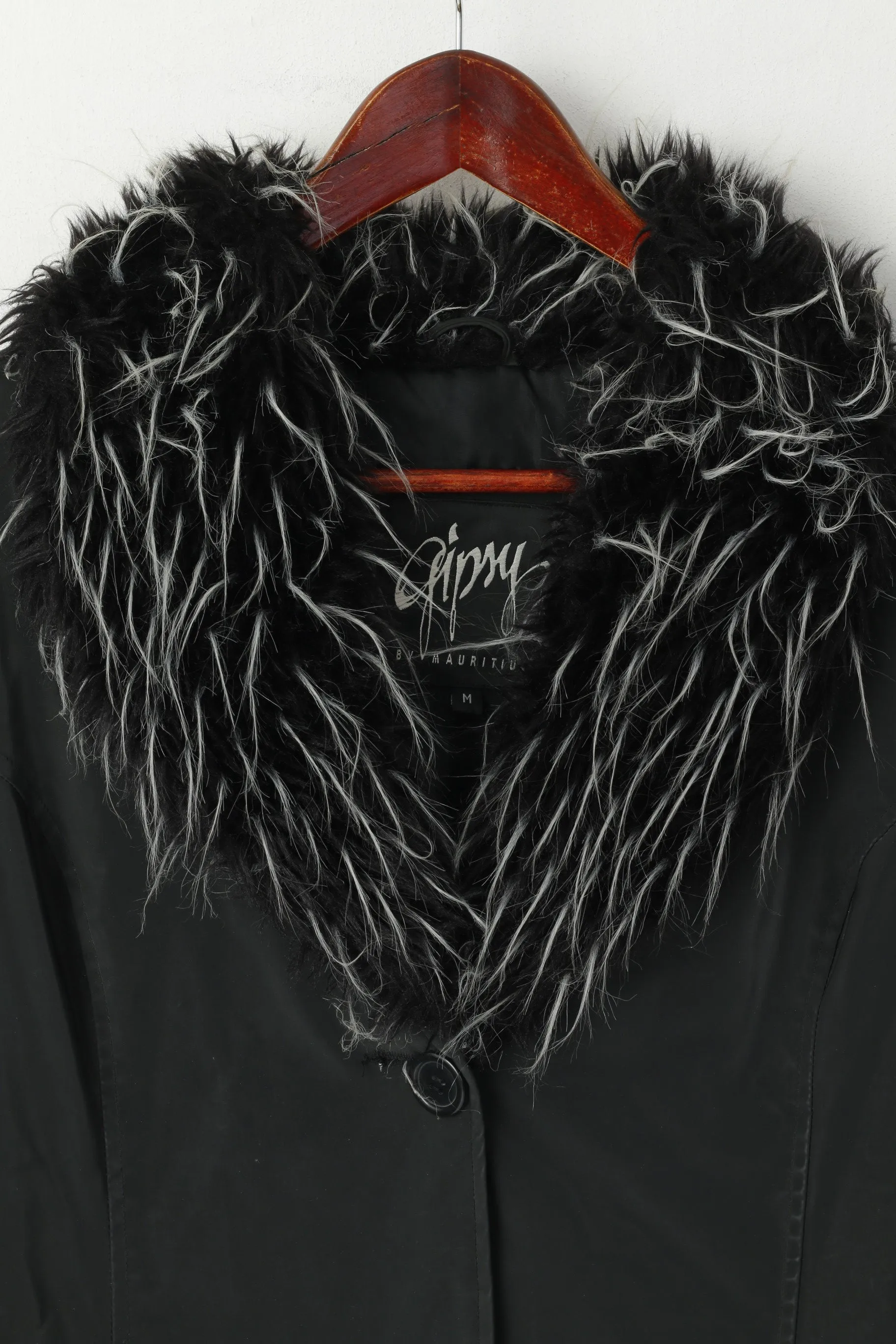 Gipsy by Mauritius Women M Jacket Black Shiny Faux Fur Casual Single Breasted Blazer