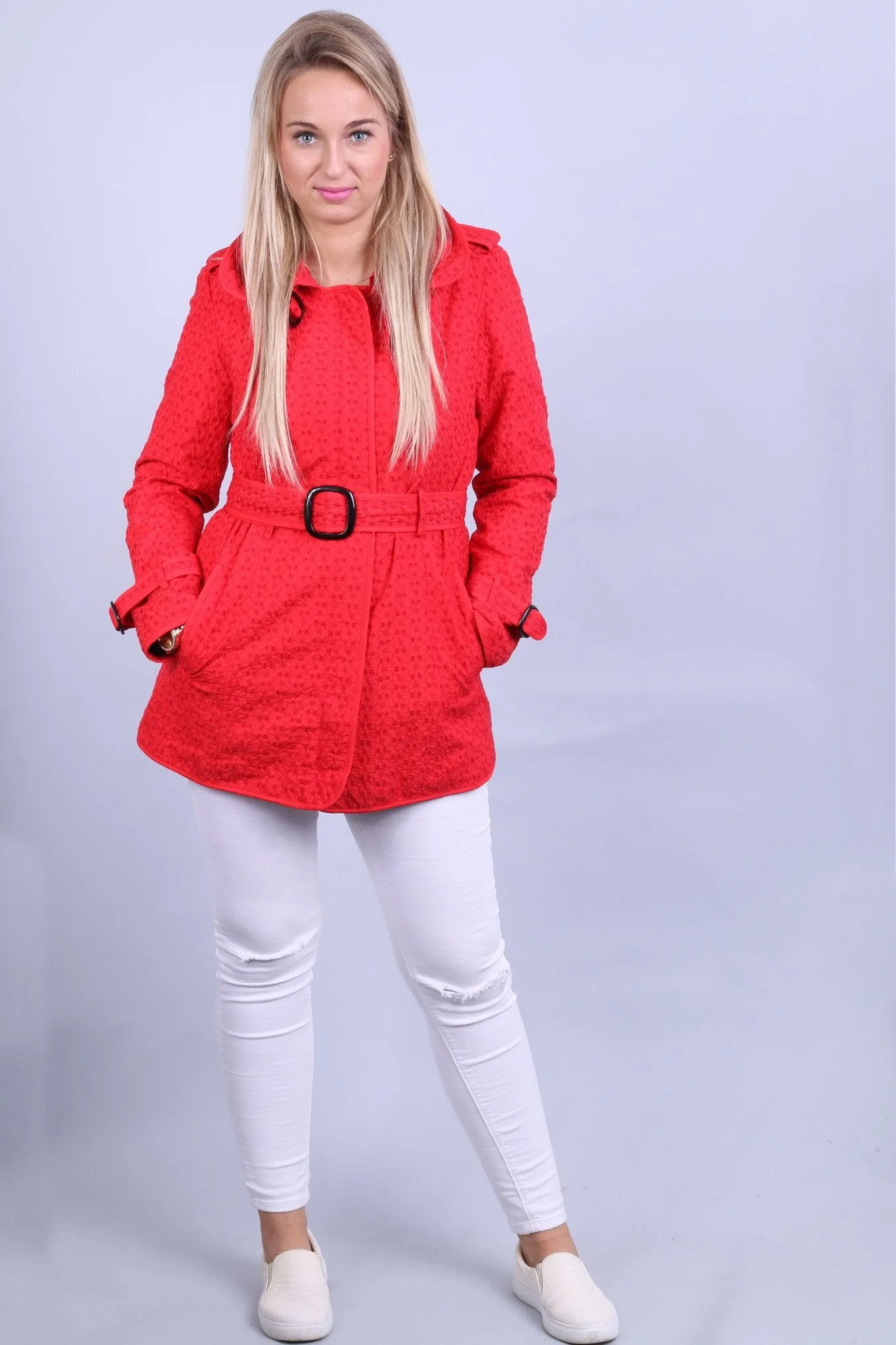 Green With Envy Women L (M) Jacket Red Green Envy Lightweight Belted Fit Coat