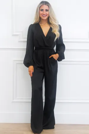Hattie V Neck Satin Jumpsuit: Black