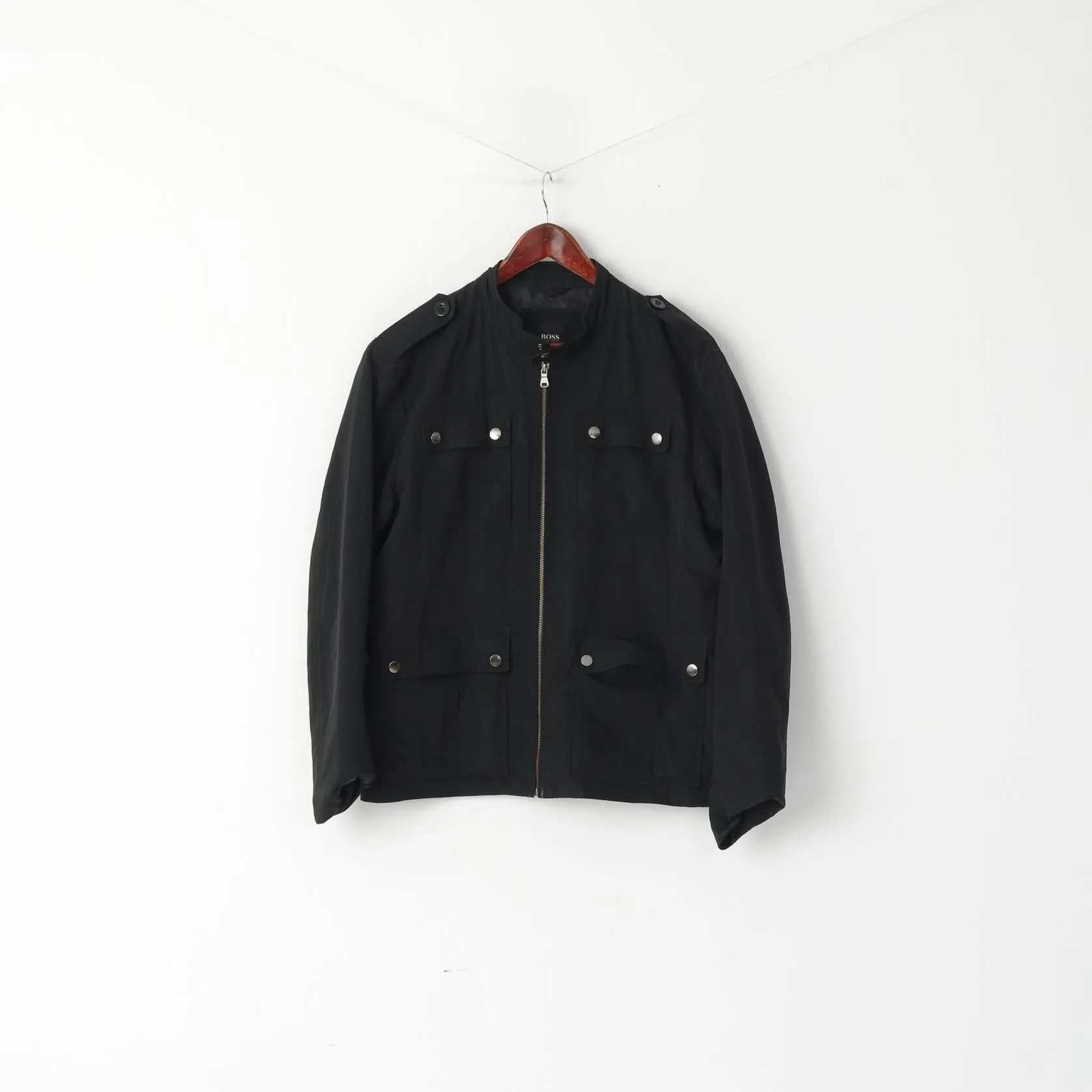 Hugo Boss Men 52 42R M Jacket Black Shiny Bomber Zip Up Lightweight Top