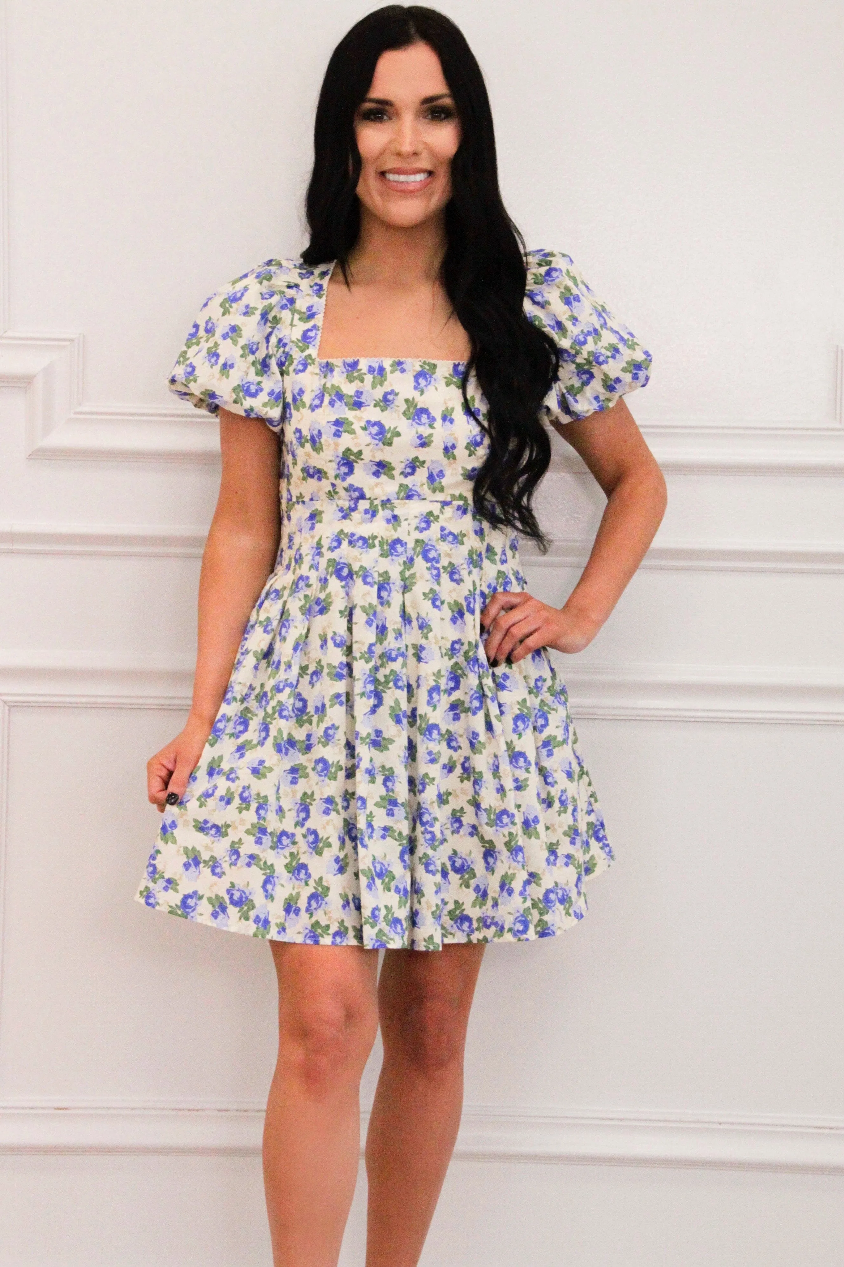 Jayde Floral Square Neck Mini Dress: Blue Multi