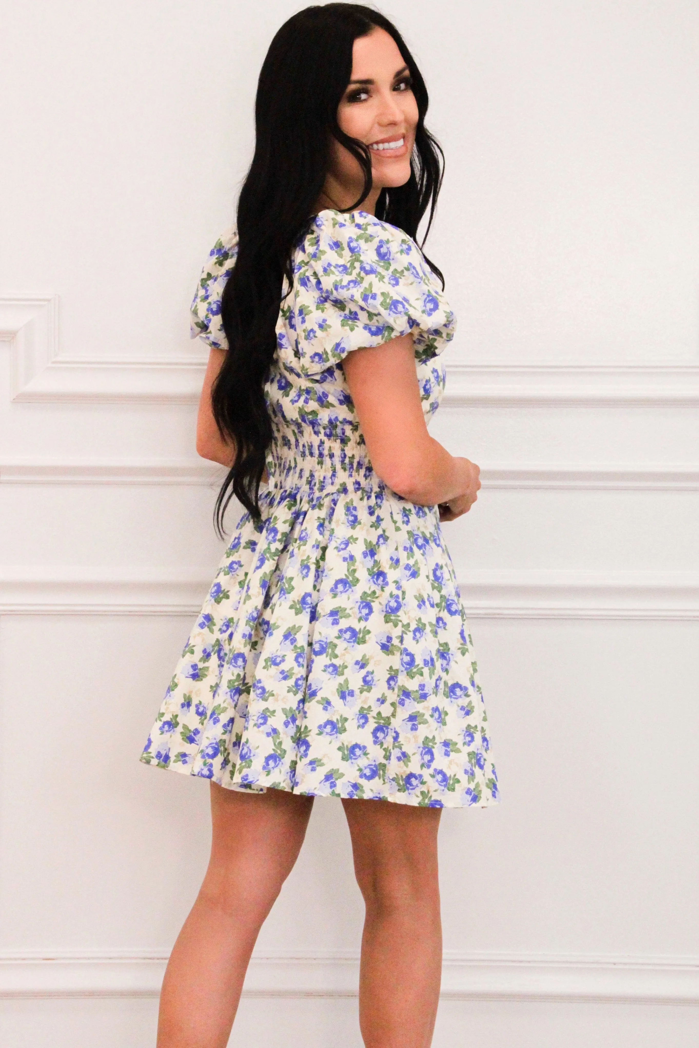 Jayde Floral Square Neck Mini Dress: Blue Multi