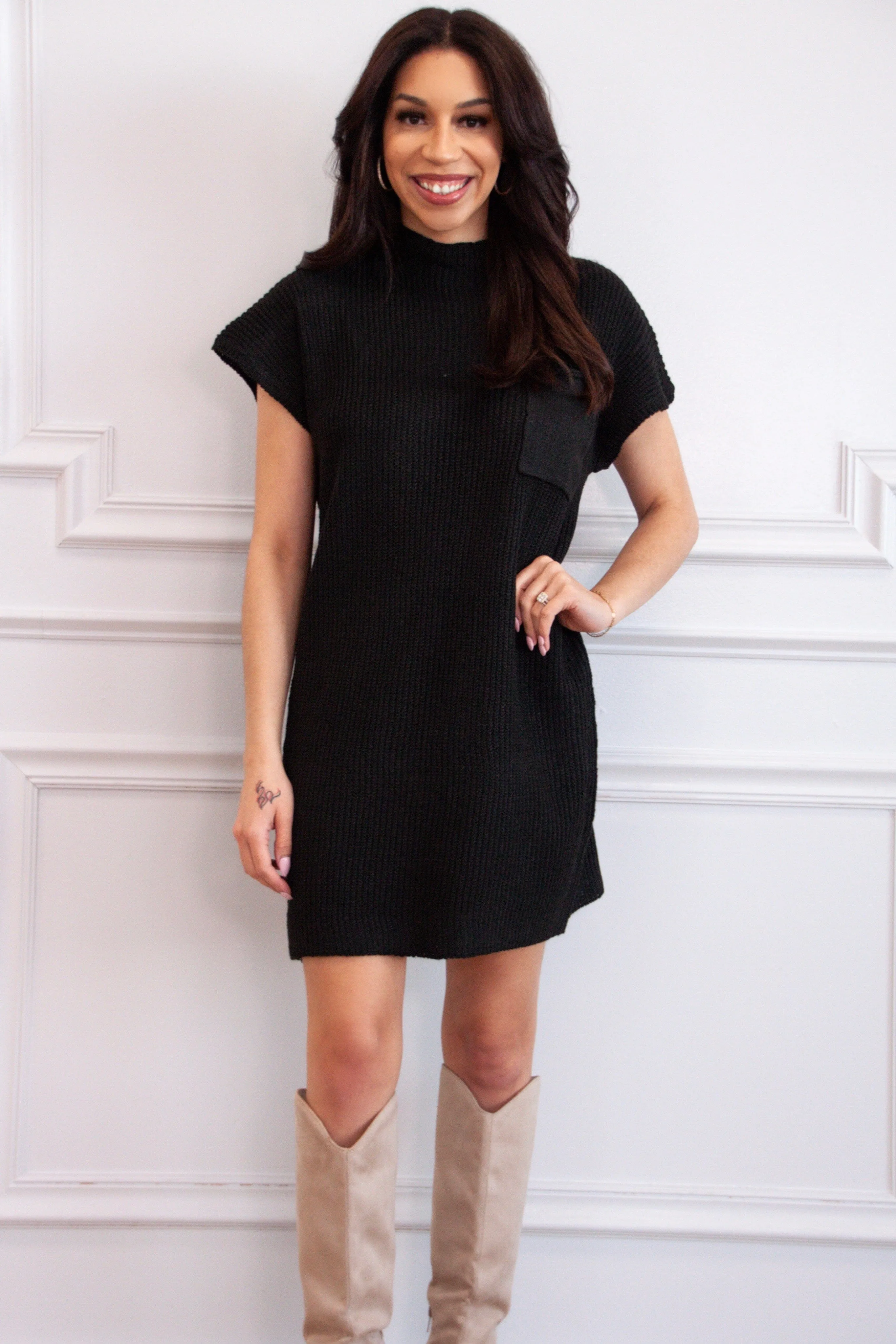 Kaelyn Pocket Sweater Dress: Black