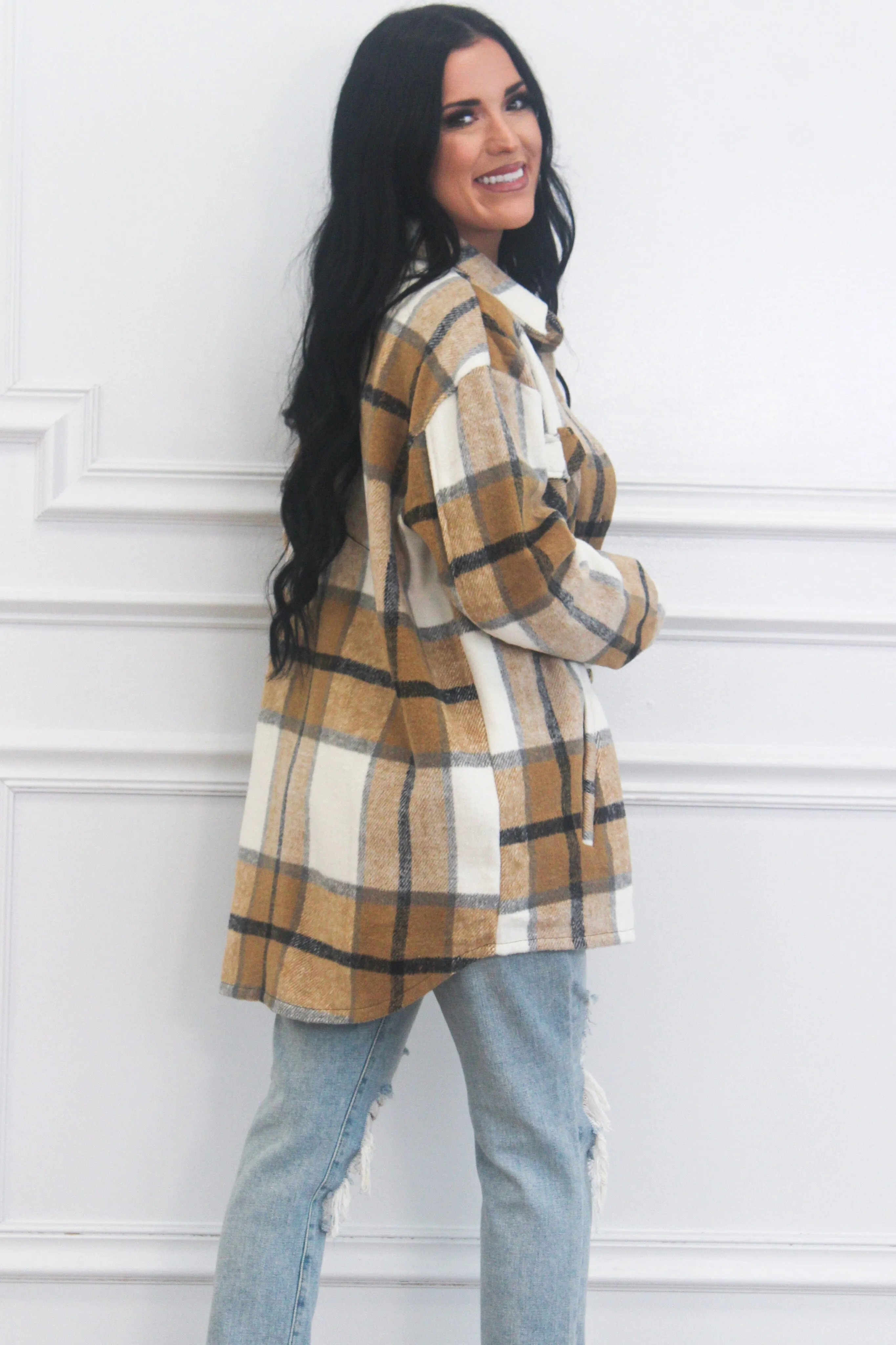 Keep it Plaid Oversized Shacket: Tan