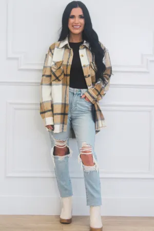 Keep it Plaid Oversized Shacket: Tan