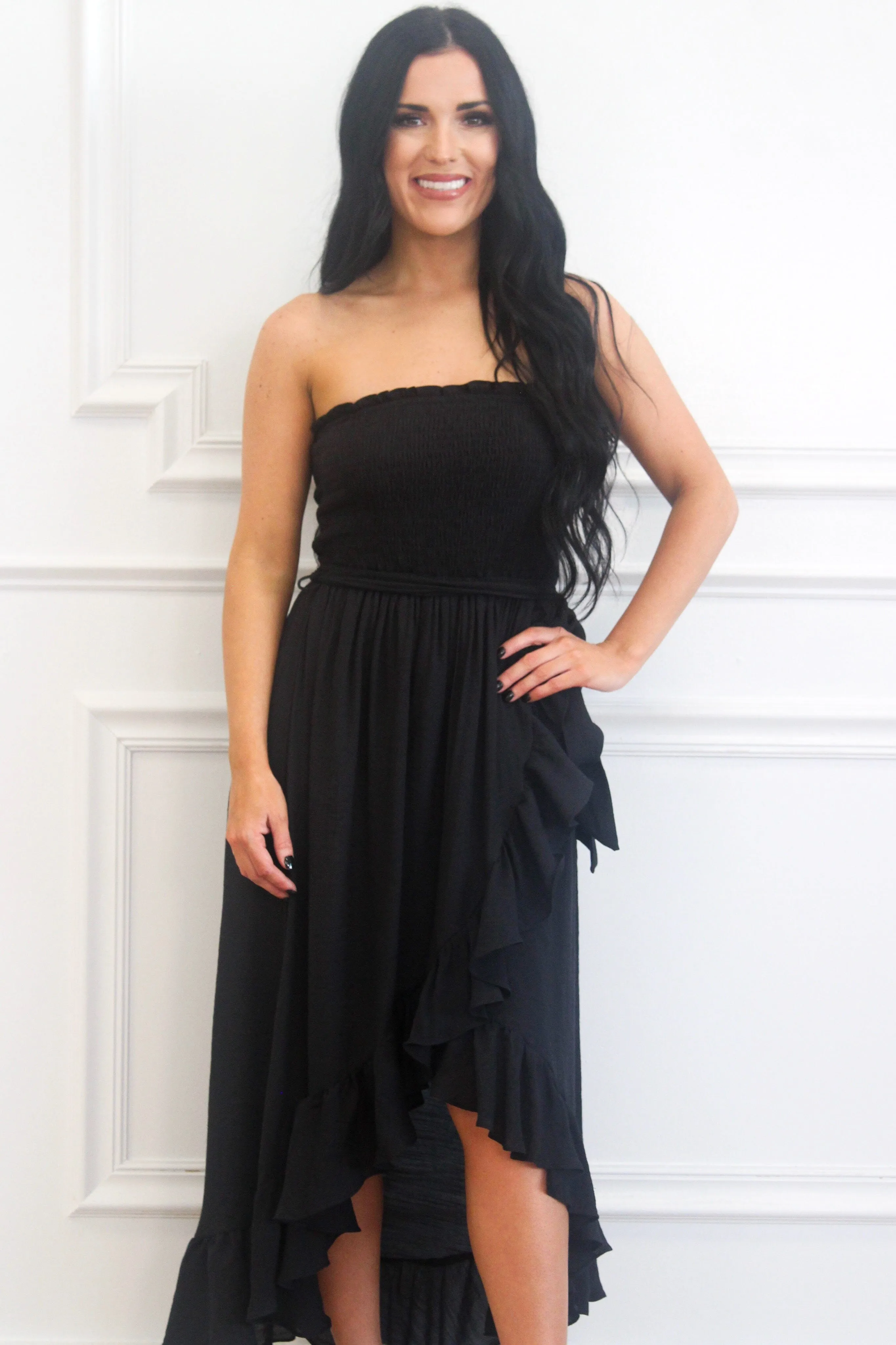 Kellie Smocked Midi Dress: Black