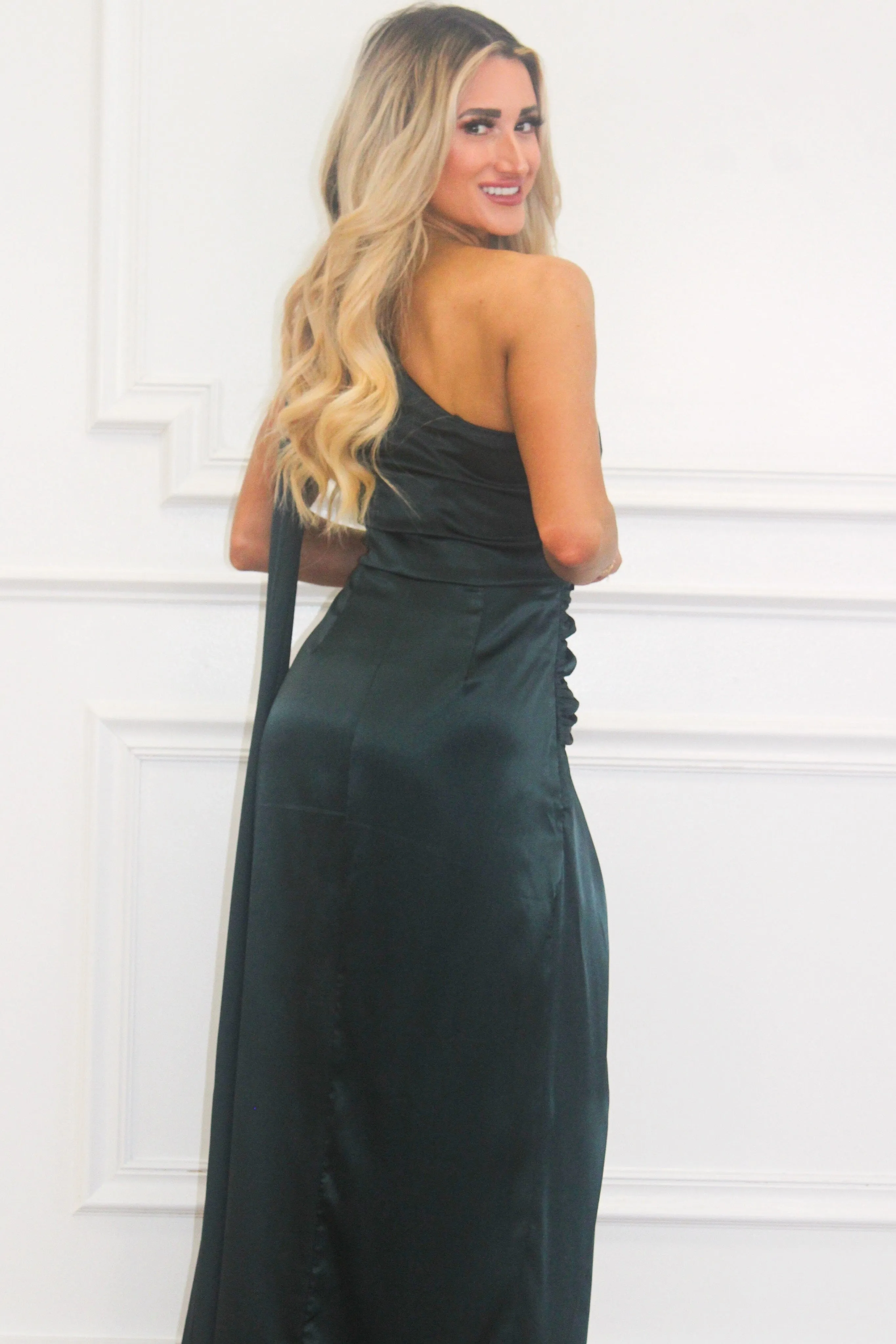 Madeline One Shoulder Satin Maxi Dress: Hunter Green